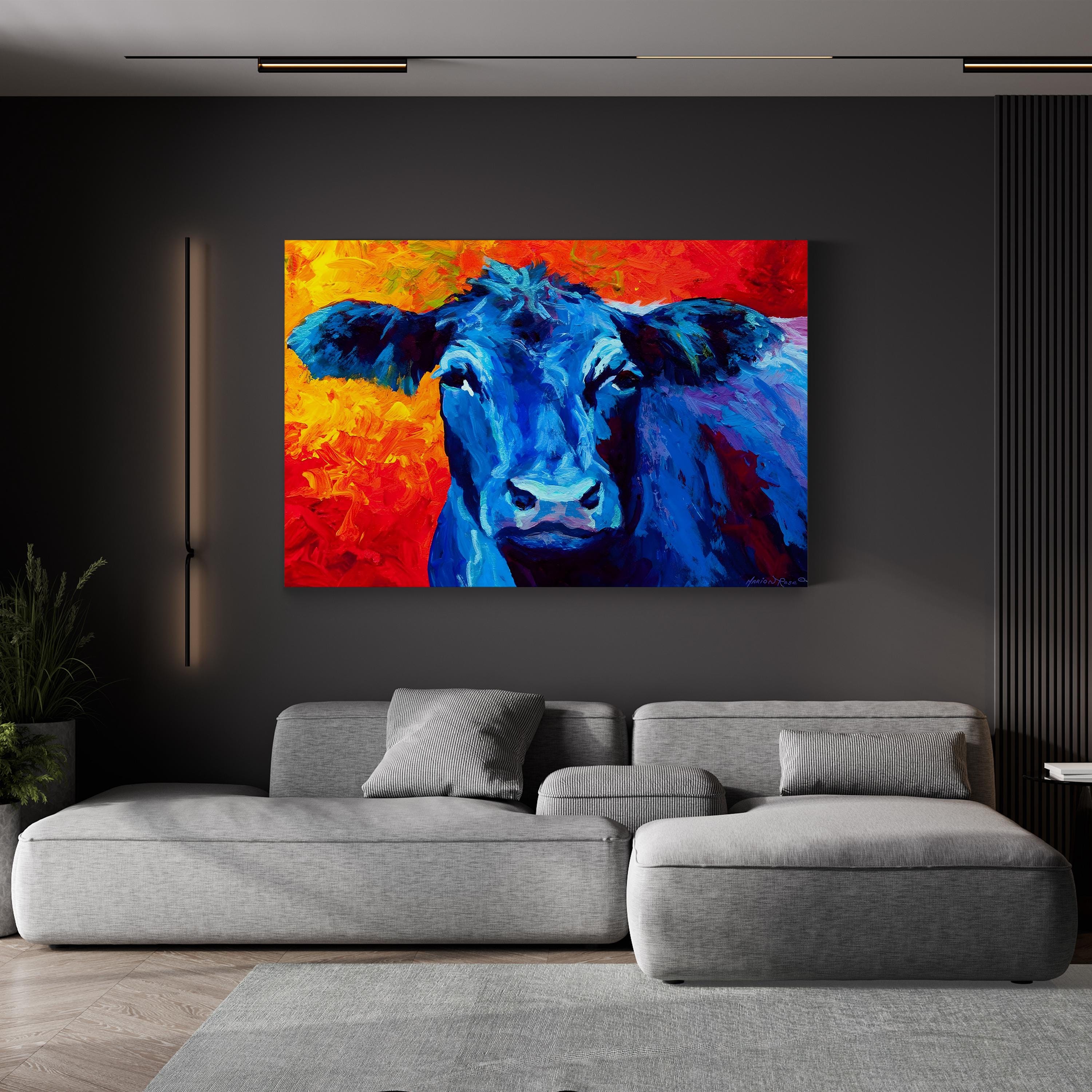 Blue Cow Wall Art by Marion Rose | Contemporary Colorful Animal Portrait Canvas
