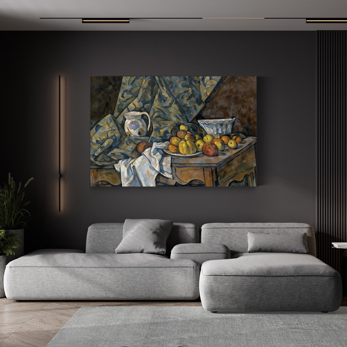 Still Life with Apples and Peaches by Paul Cézanne canvas print, gallery canvas displayed in living room