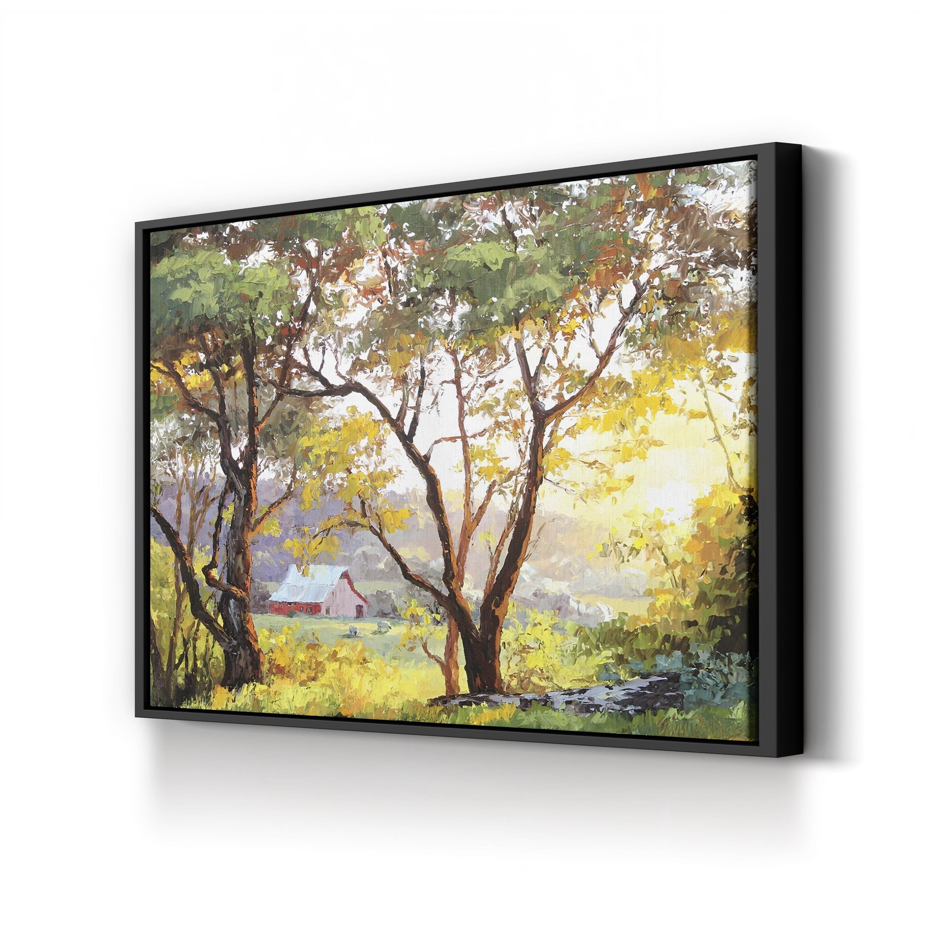 Burnished Landscape Wall Art by Erin Dertner | Sunlit Countryside Barn Landscape Canvas