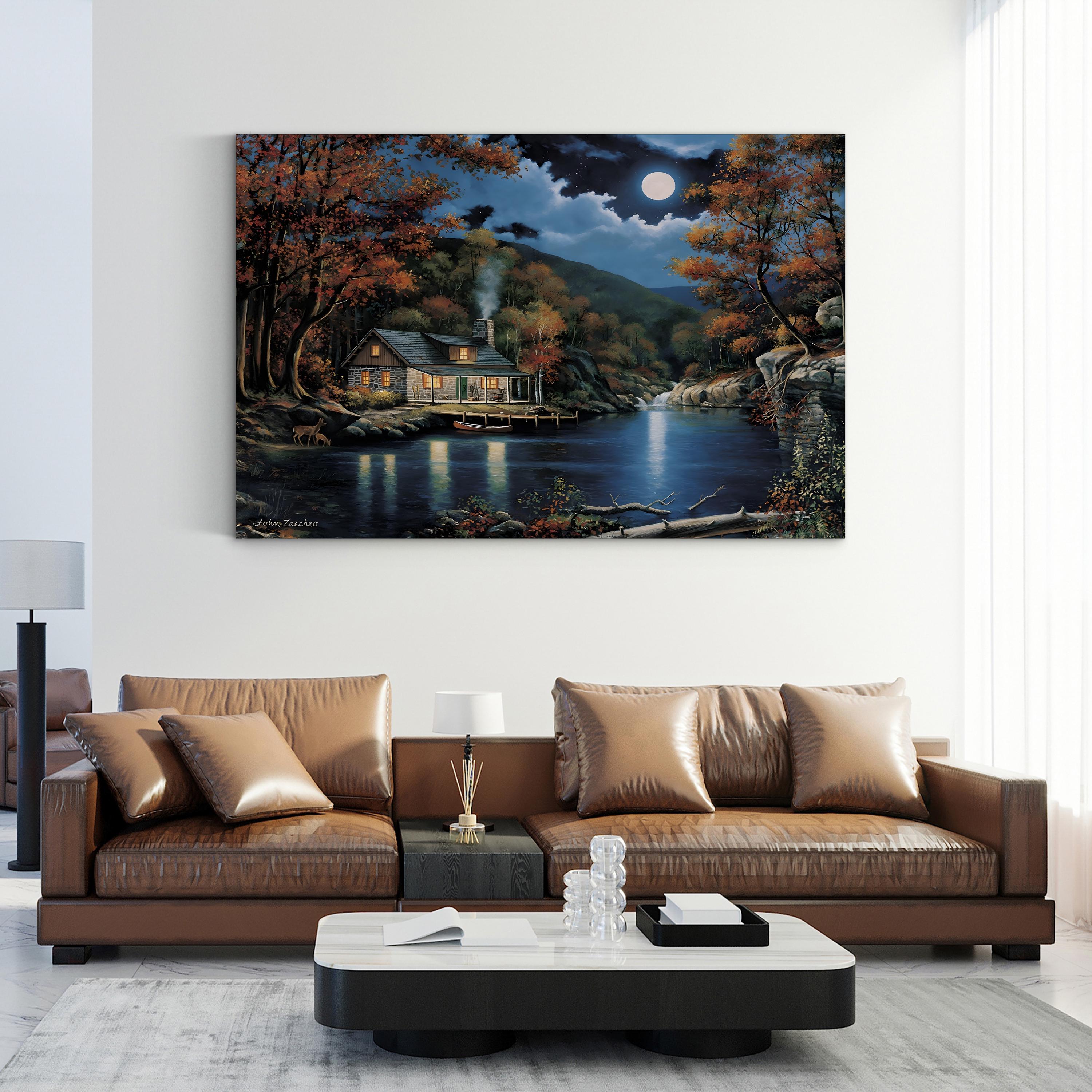 Cabin By The Lake Wall Art by John Zaccheo | Serene Wildlife Lake Landscape Canvas