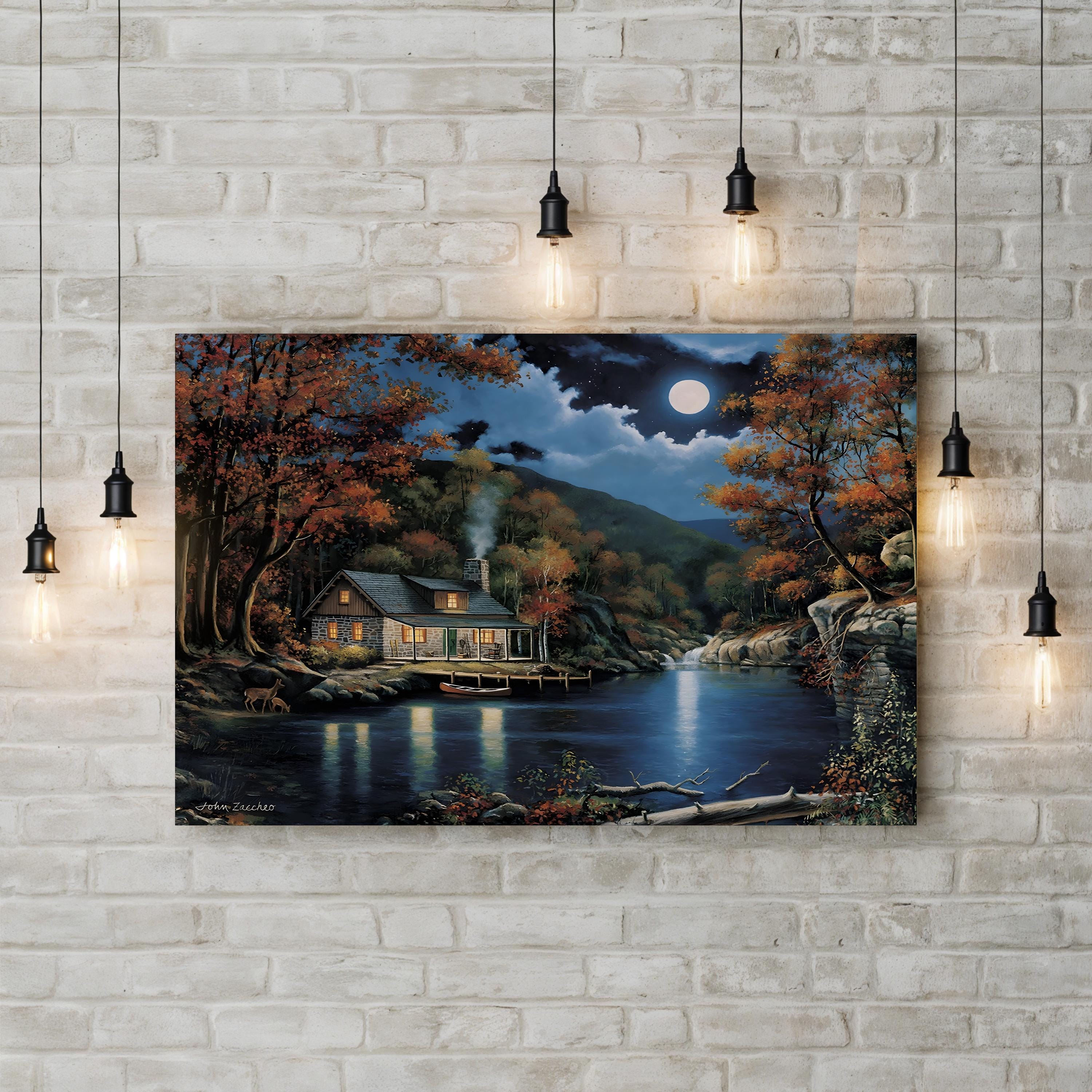 Cabin By The Lake Wall Art by John Zaccheo | Serene Wildlife Lake Landscape Canvas
