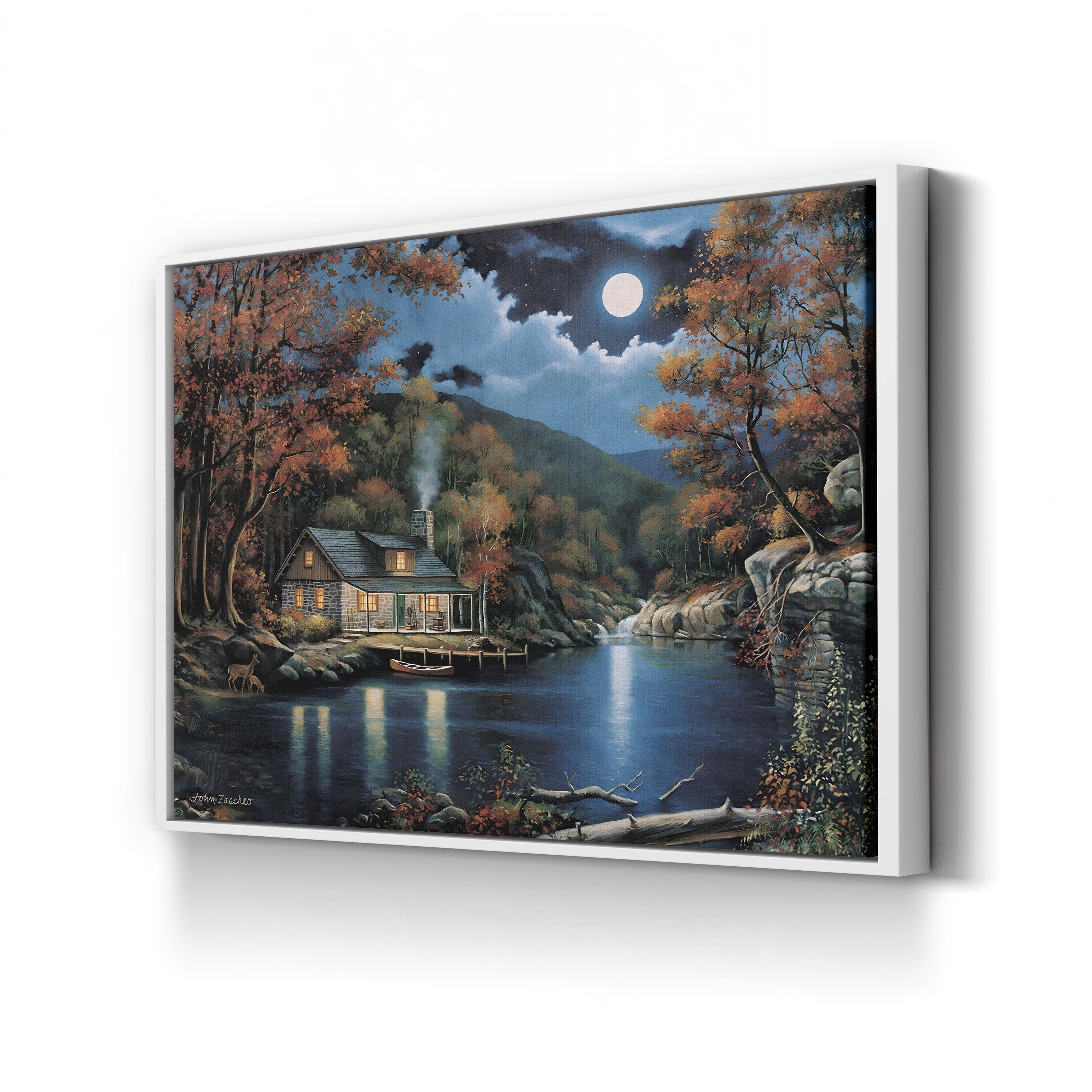Cabin By The Lake Wall Art by John Zaccheo | Serene Wildlife Lake Landscape Canvas