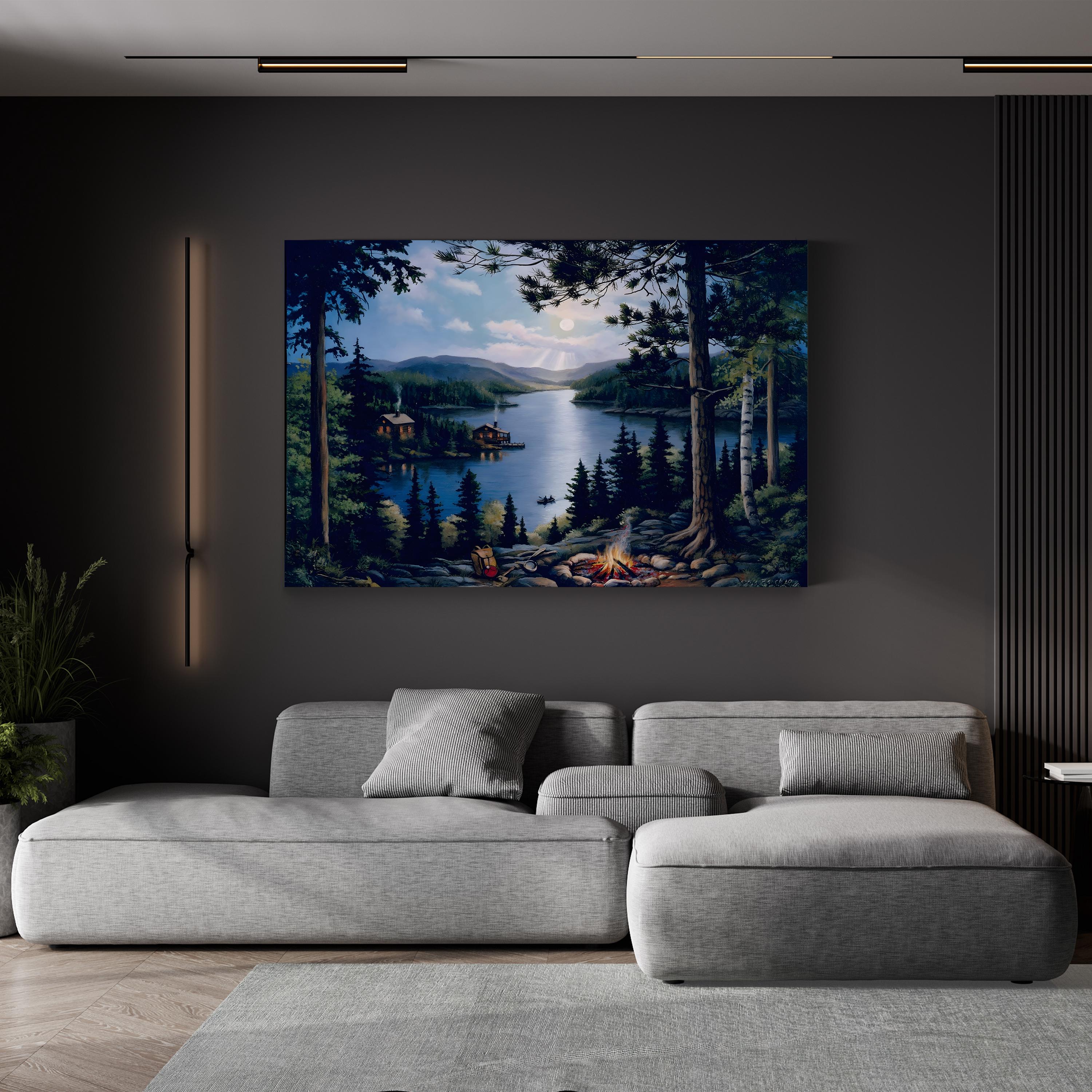 Cabin In The Woods Wall Art by John Zaccheo – Woodland Campfire Landscape Canvas