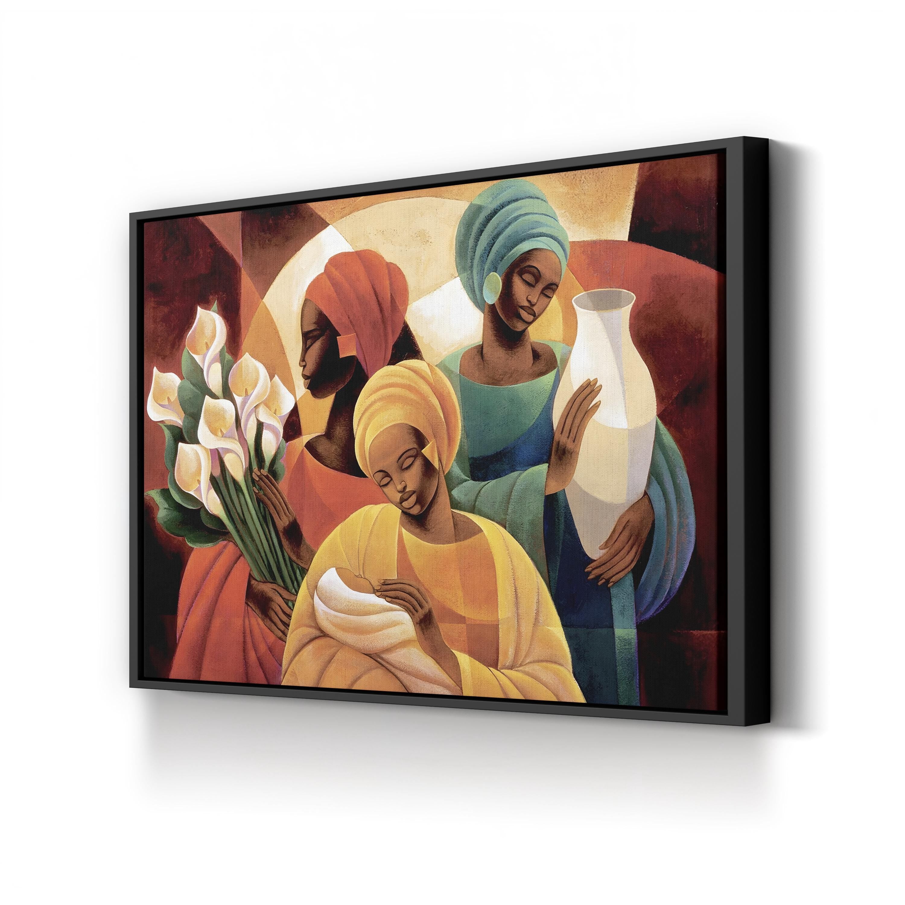 Framed artwork of three women holding flowers and a vase on a white wall.