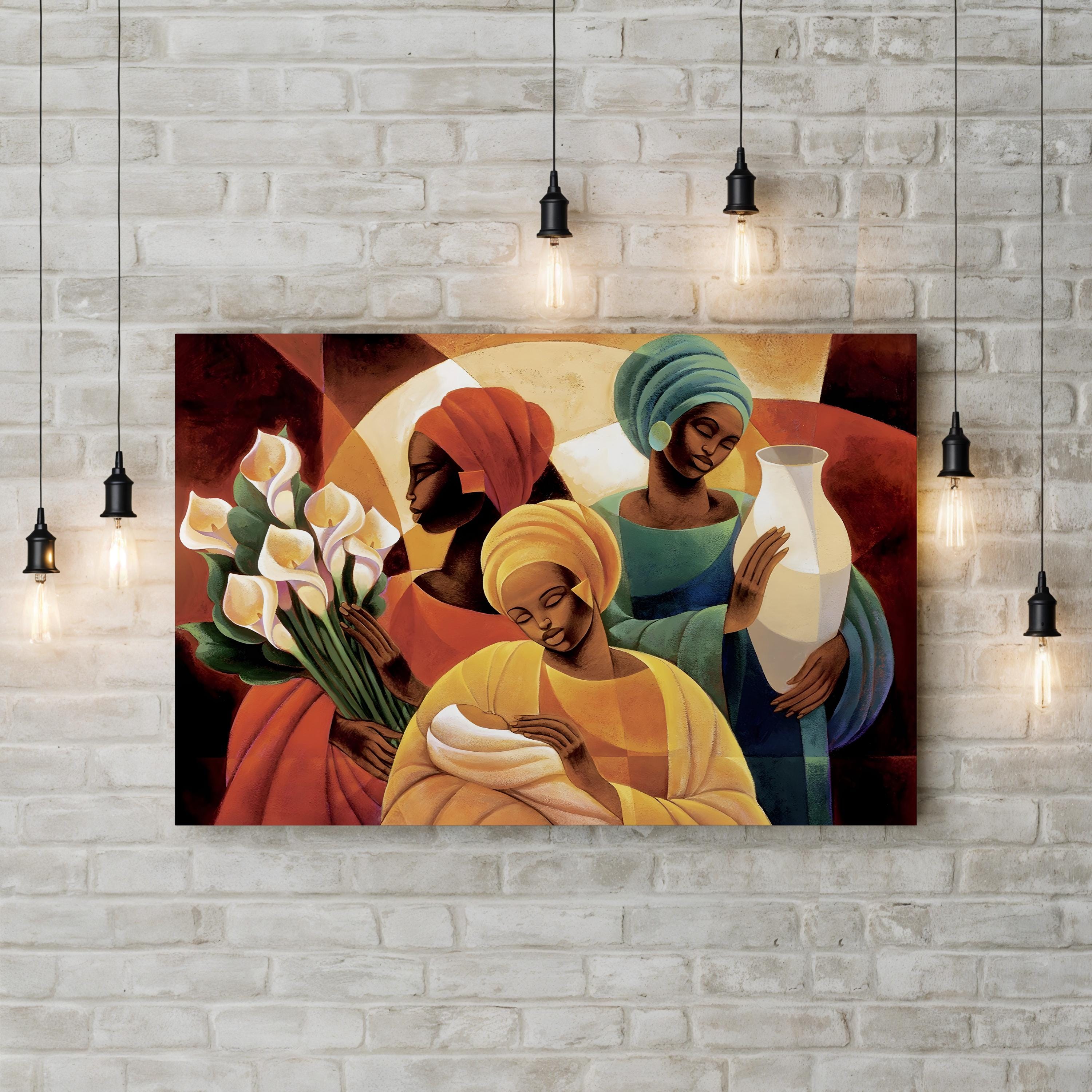 Artistic depiction of three women with flowers and a vase on a brick wall background