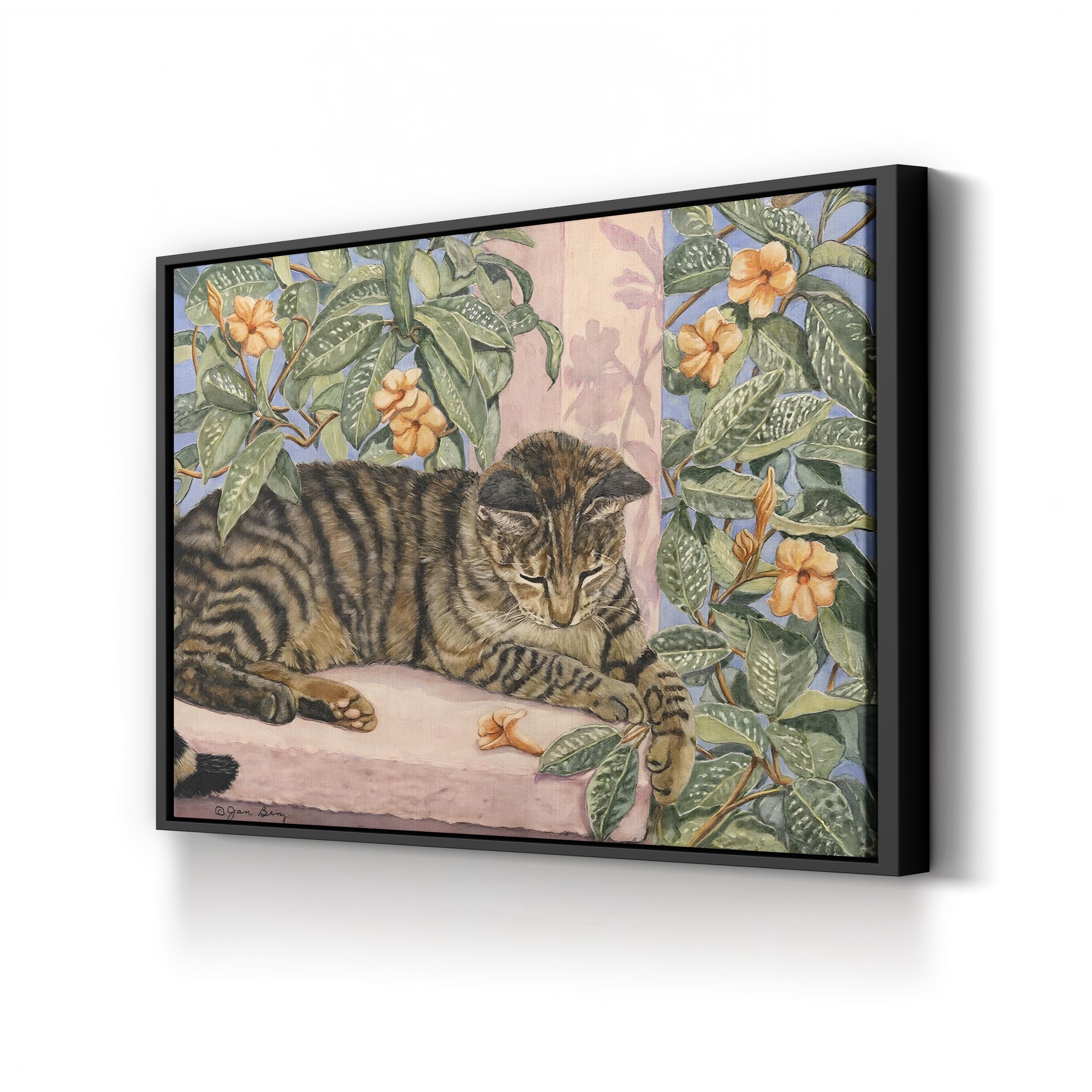 Caribbean Cat Wall Art by Jan Benz | Contemporary Floral Animal Illustration Canvas
