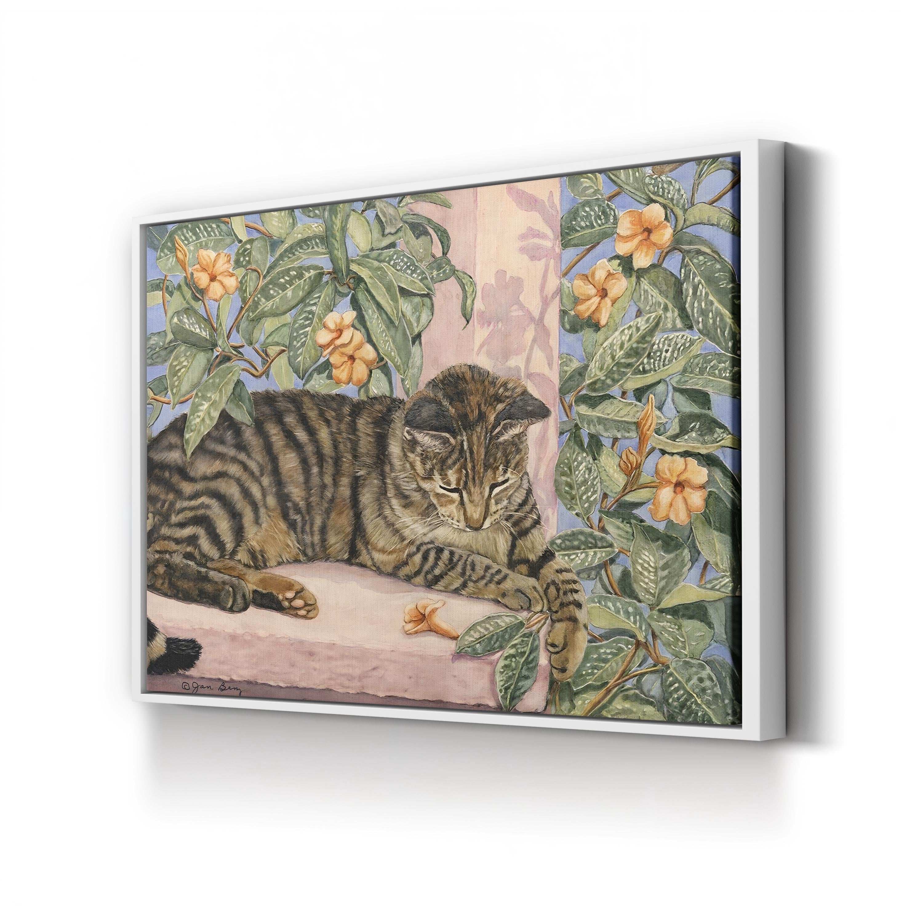 Caribbean Cat Wall Art by Jan Benz | Contemporary Floral Animal Illustration Canvas