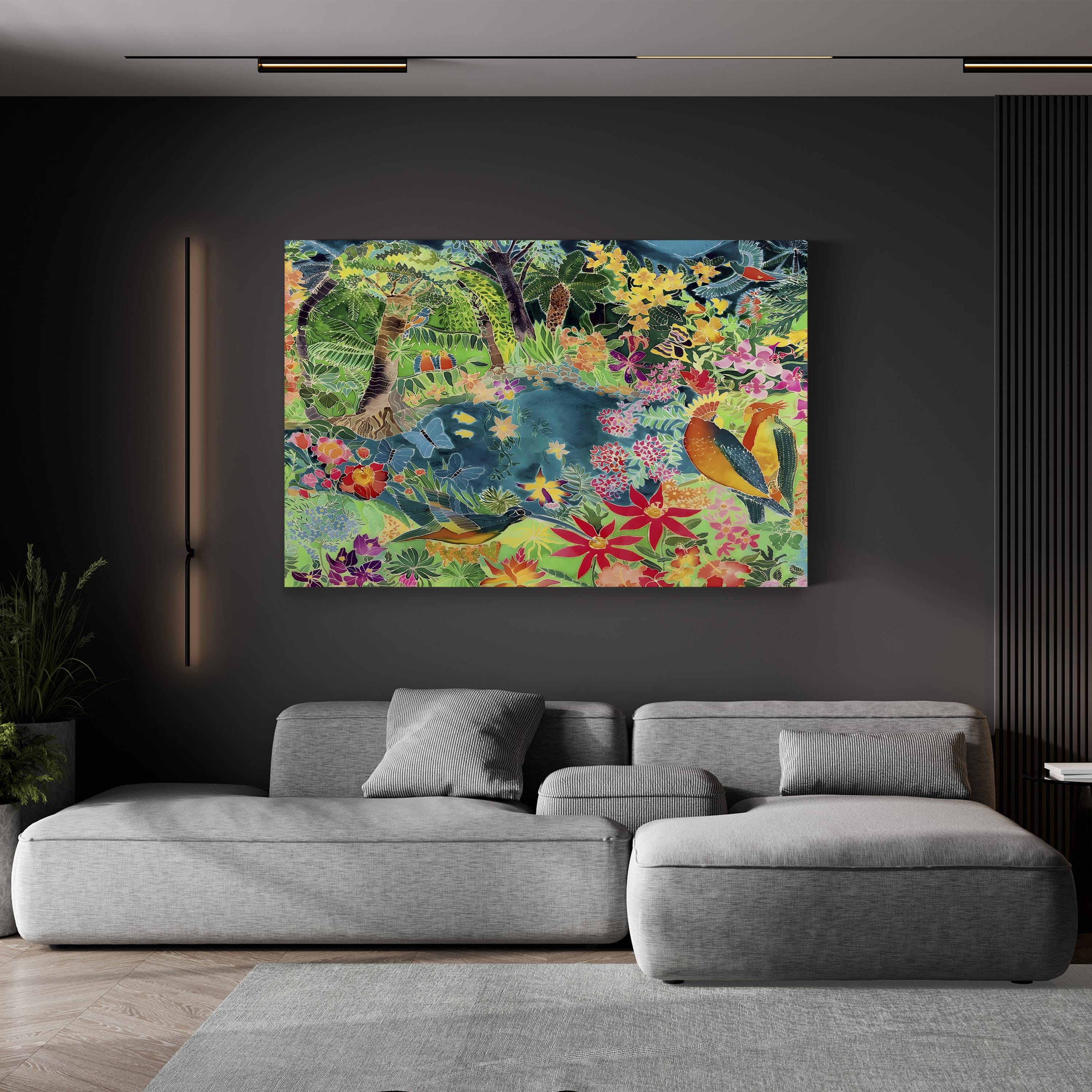 Tropical Jungle Birds & Flowers Canvas Art: Vibrant Wildlife Wall Decor