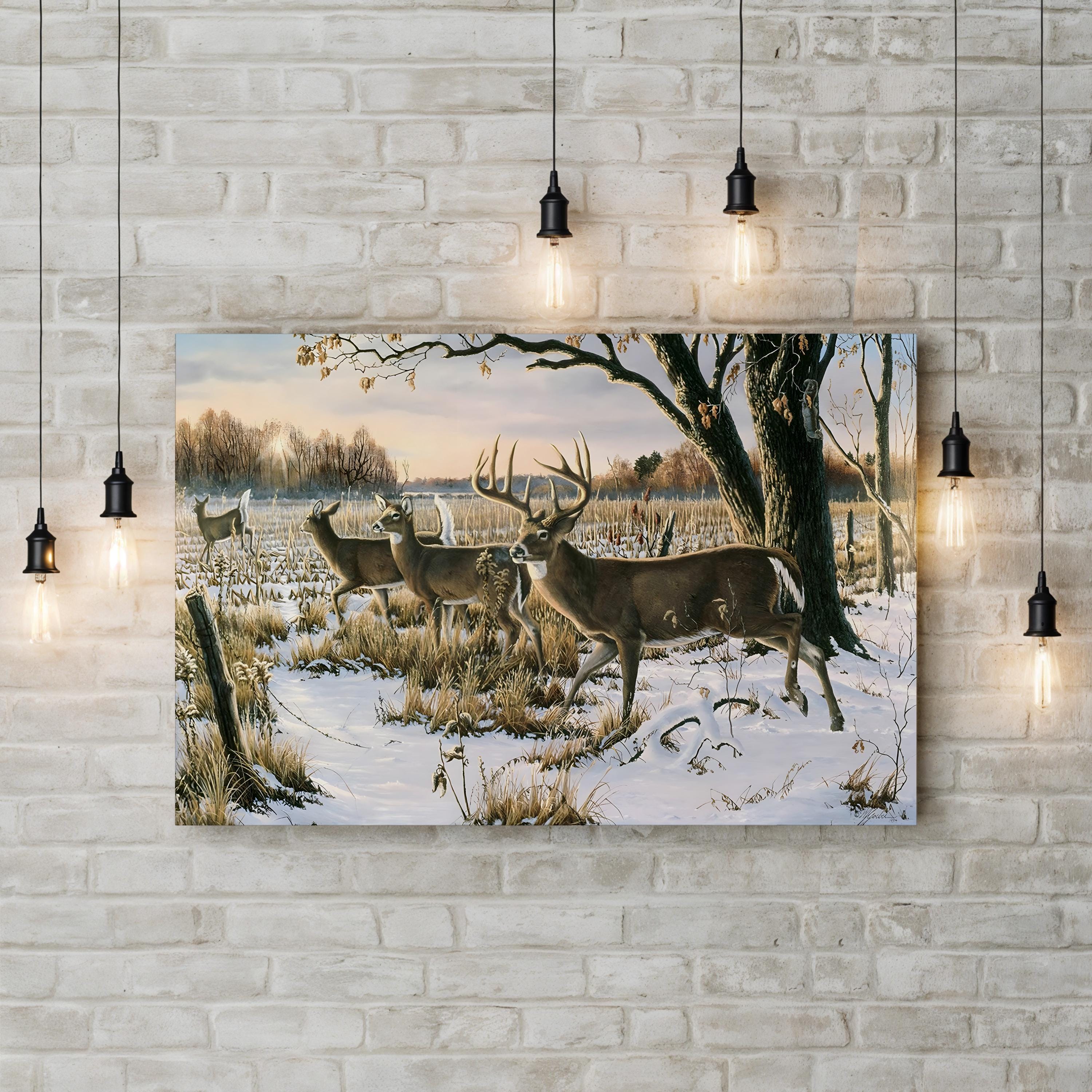 Whitetail Deer in Snowy Woodland – Period Illustration Wall Art | Cabin Canvas Print