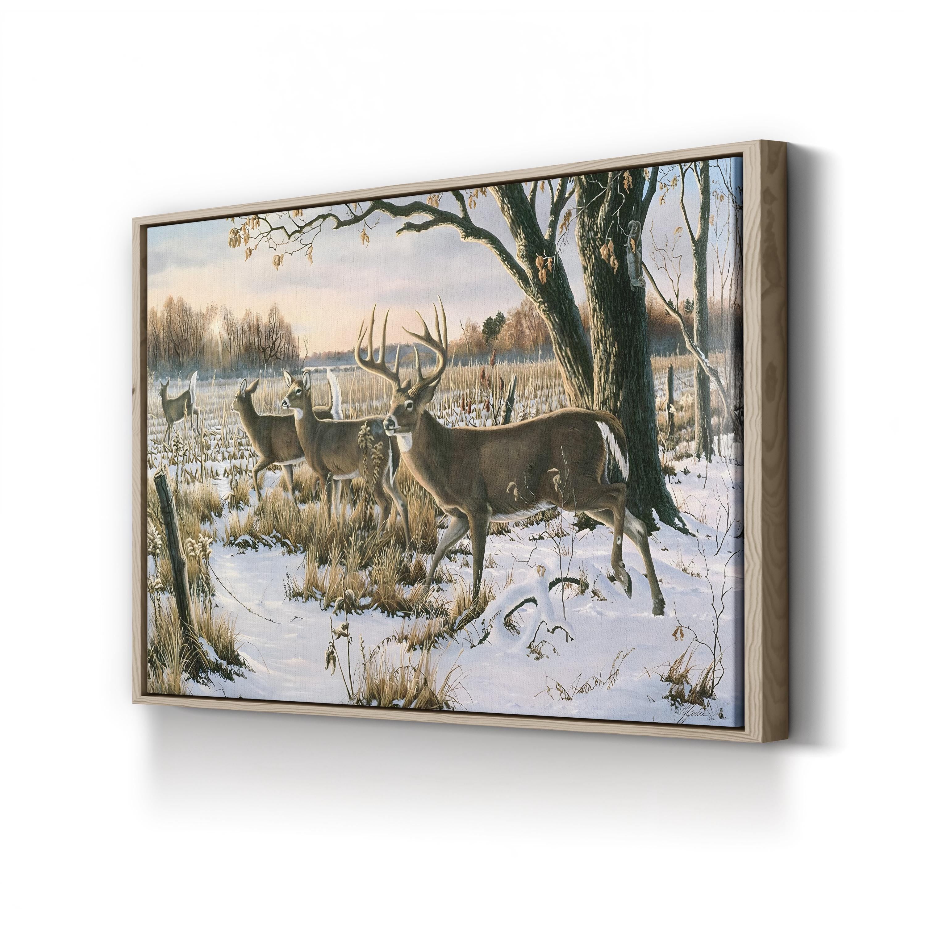 Whitetail Deer in Snowy Woodland – Period Illustration Wall Art | Cabin Canvas Print