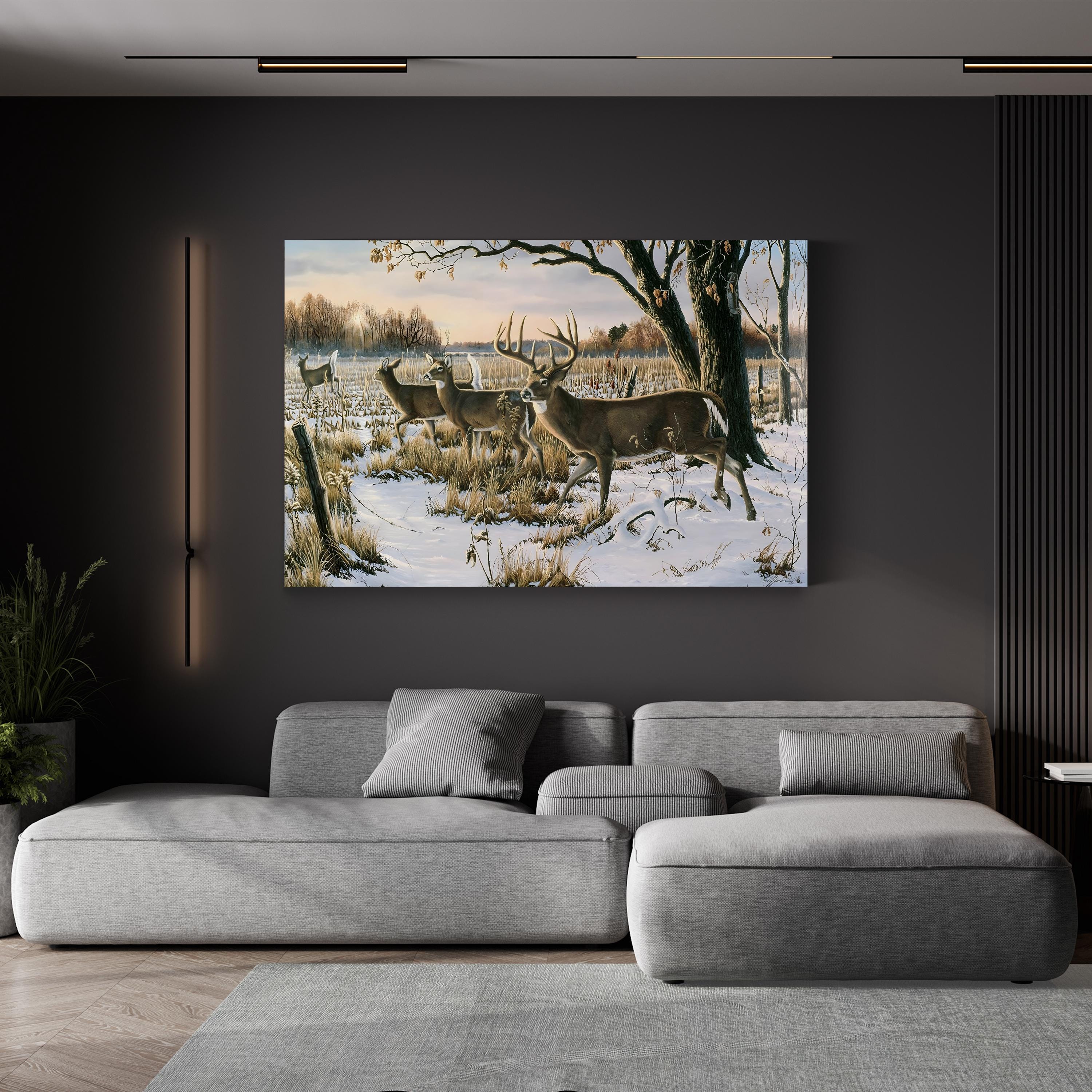 Whitetail Deer in Snowy Woodland – Period Illustration Wall Art | Cabin Canvas Print