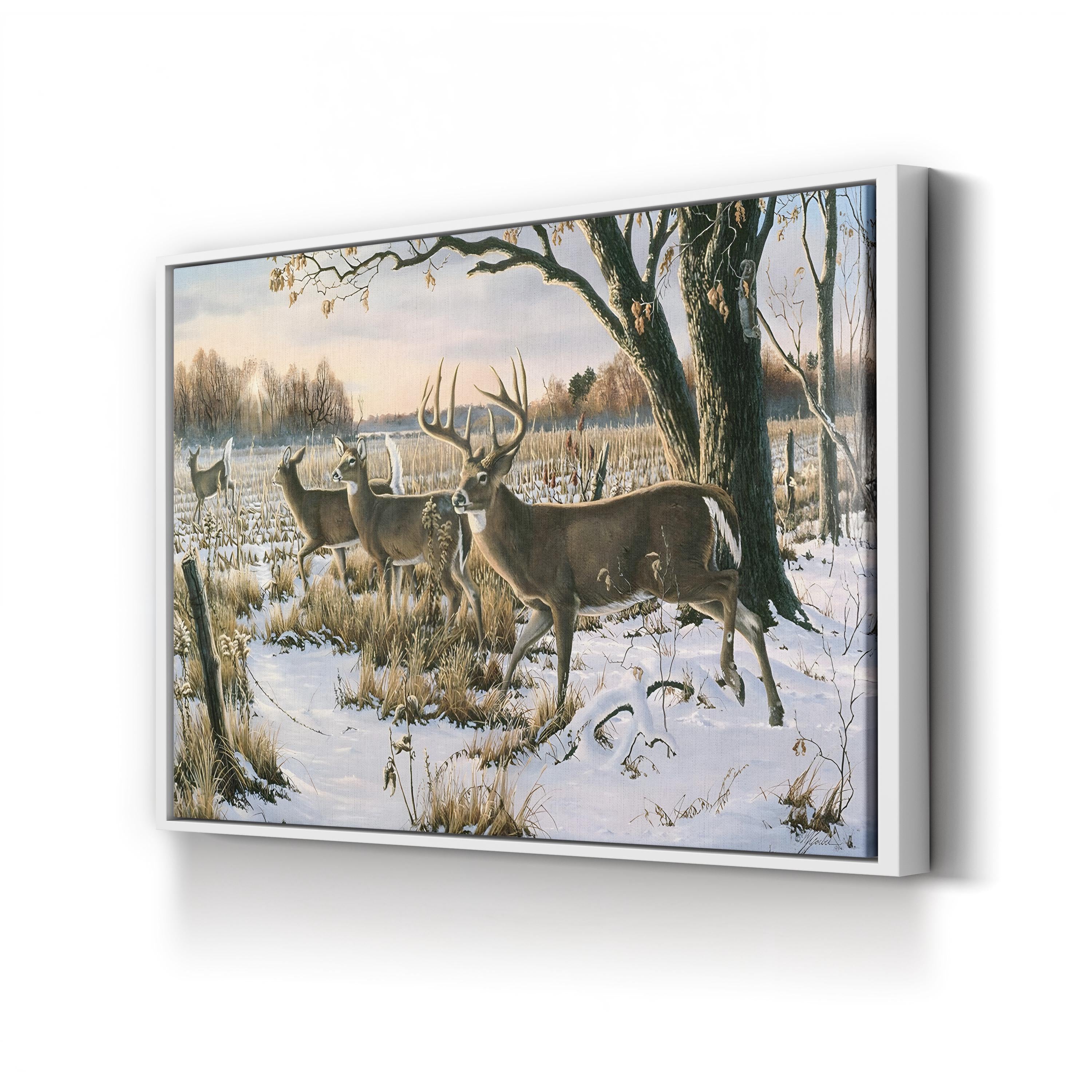 Whitetail Deer in Snowy Woodland – Period Illustration Wall Art | Cabin Canvas Print