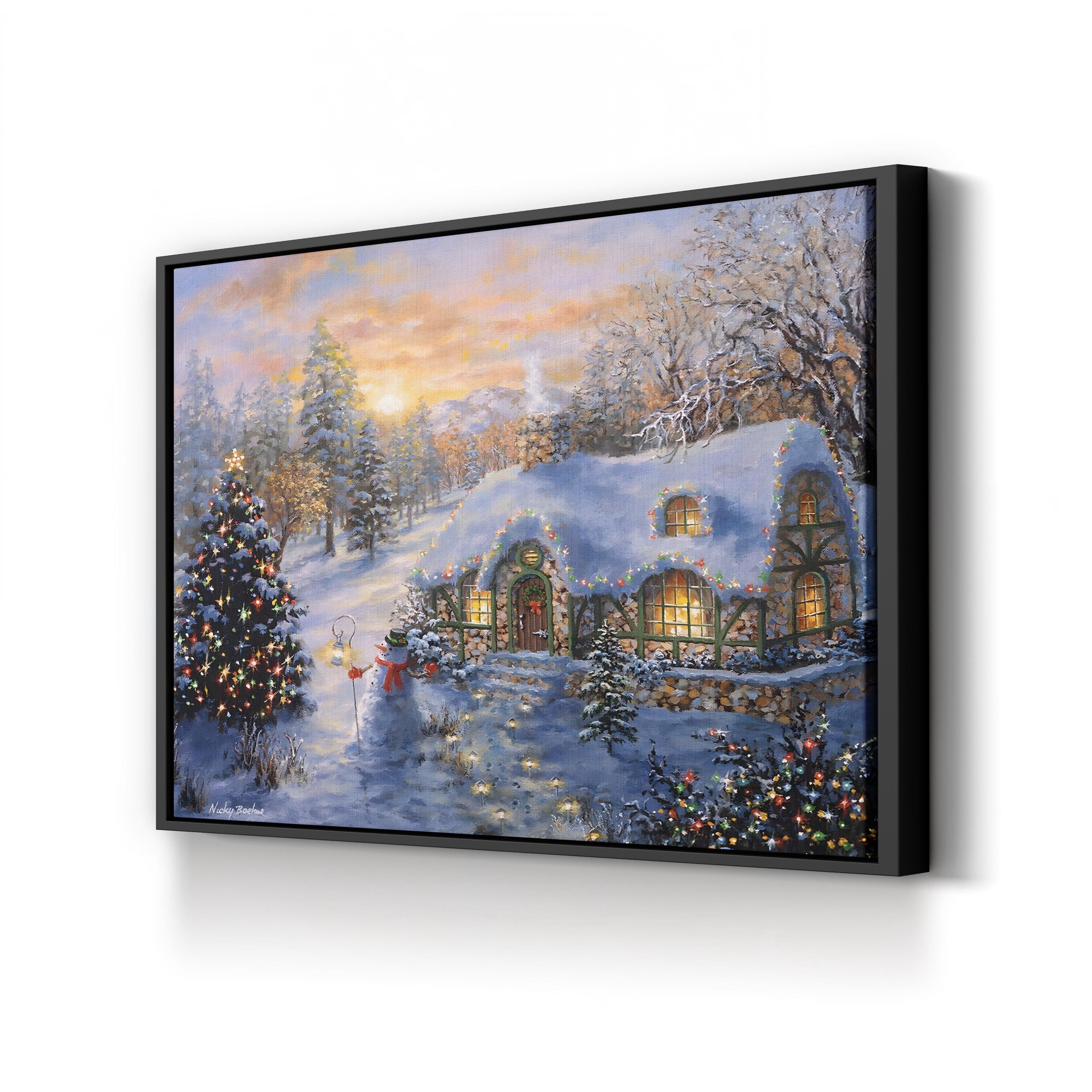 Christmas Cottage Snowy Scene Canvas Print: Festive Winter Home Decor