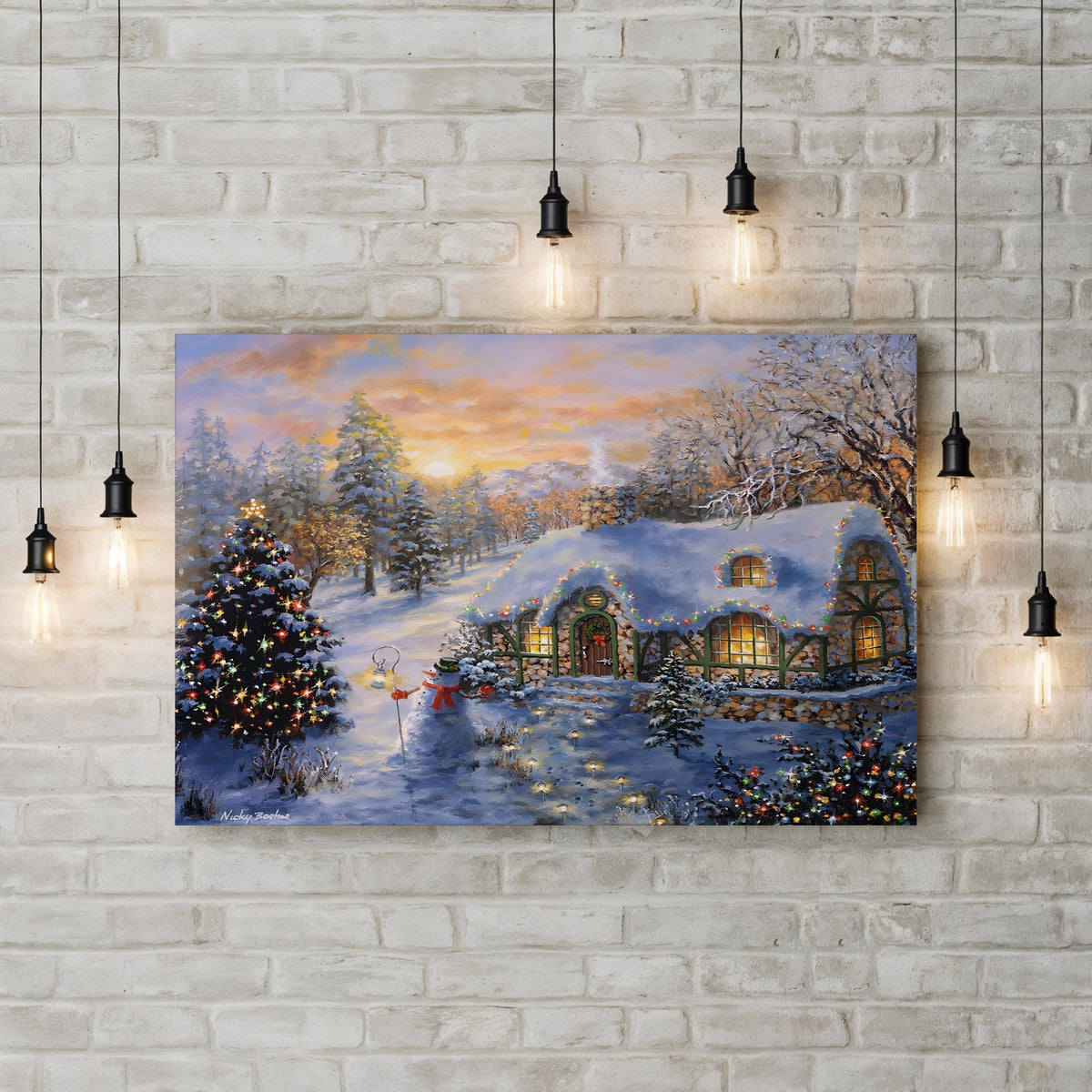 Christmas Cottage by Nicky Boehme canvas print displayed on a white brick wall