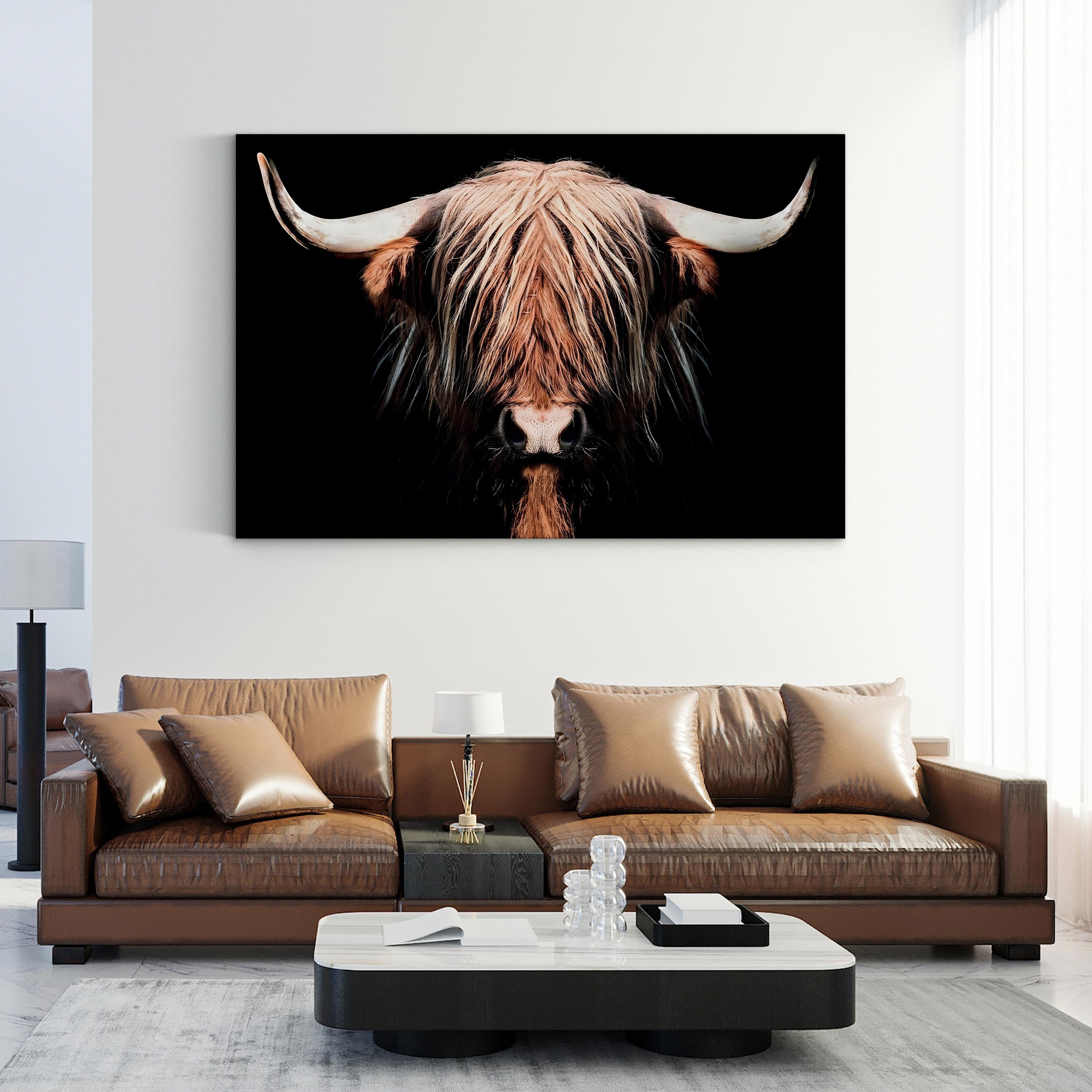 Dark Highland Cow Canvas Wall Art | Long Hair & Horns Rustic Farmhouse Animal Decor