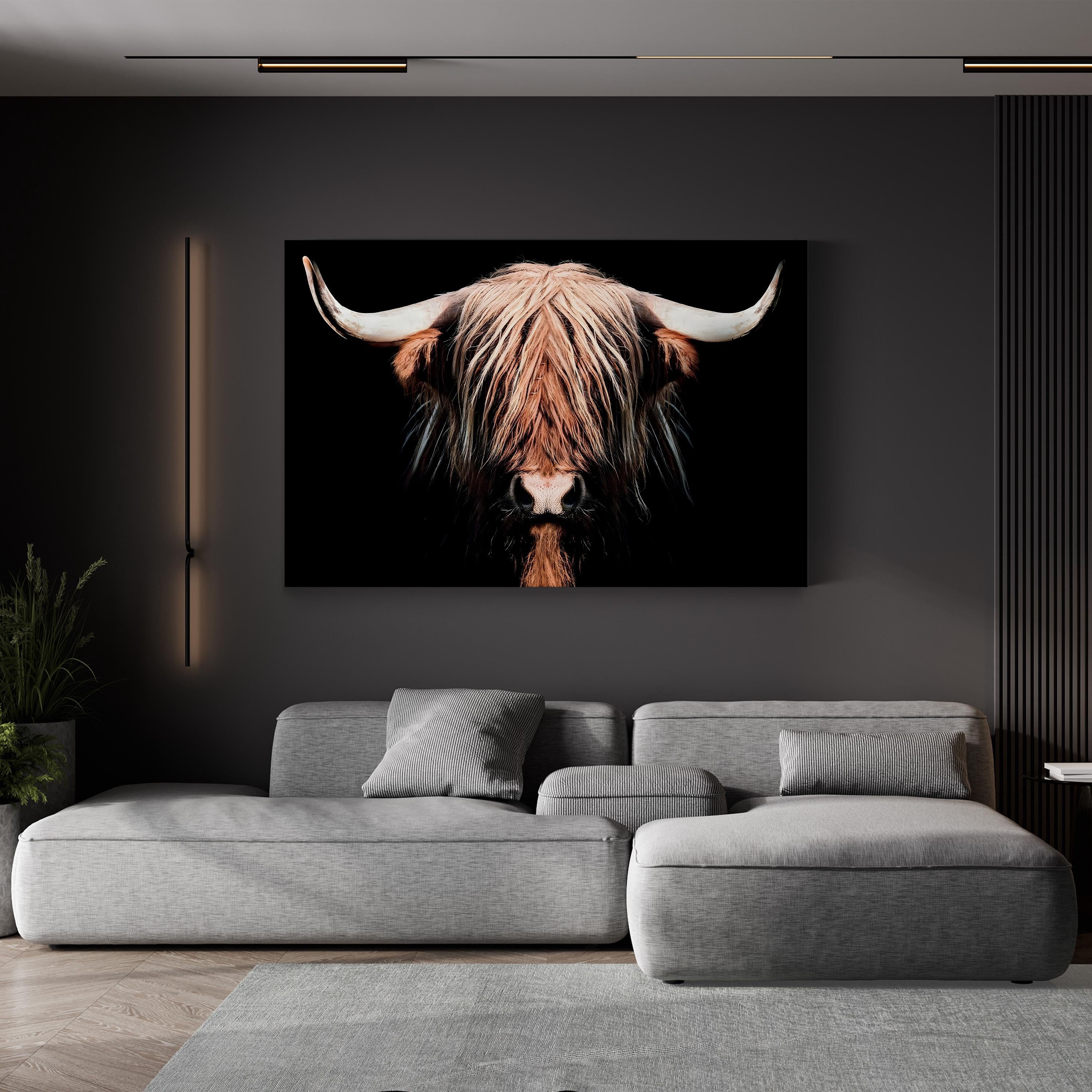 Dark Highland Cow Canvas Wall Art | Long Hair & Horns Rustic Farmhouse Animal Decor