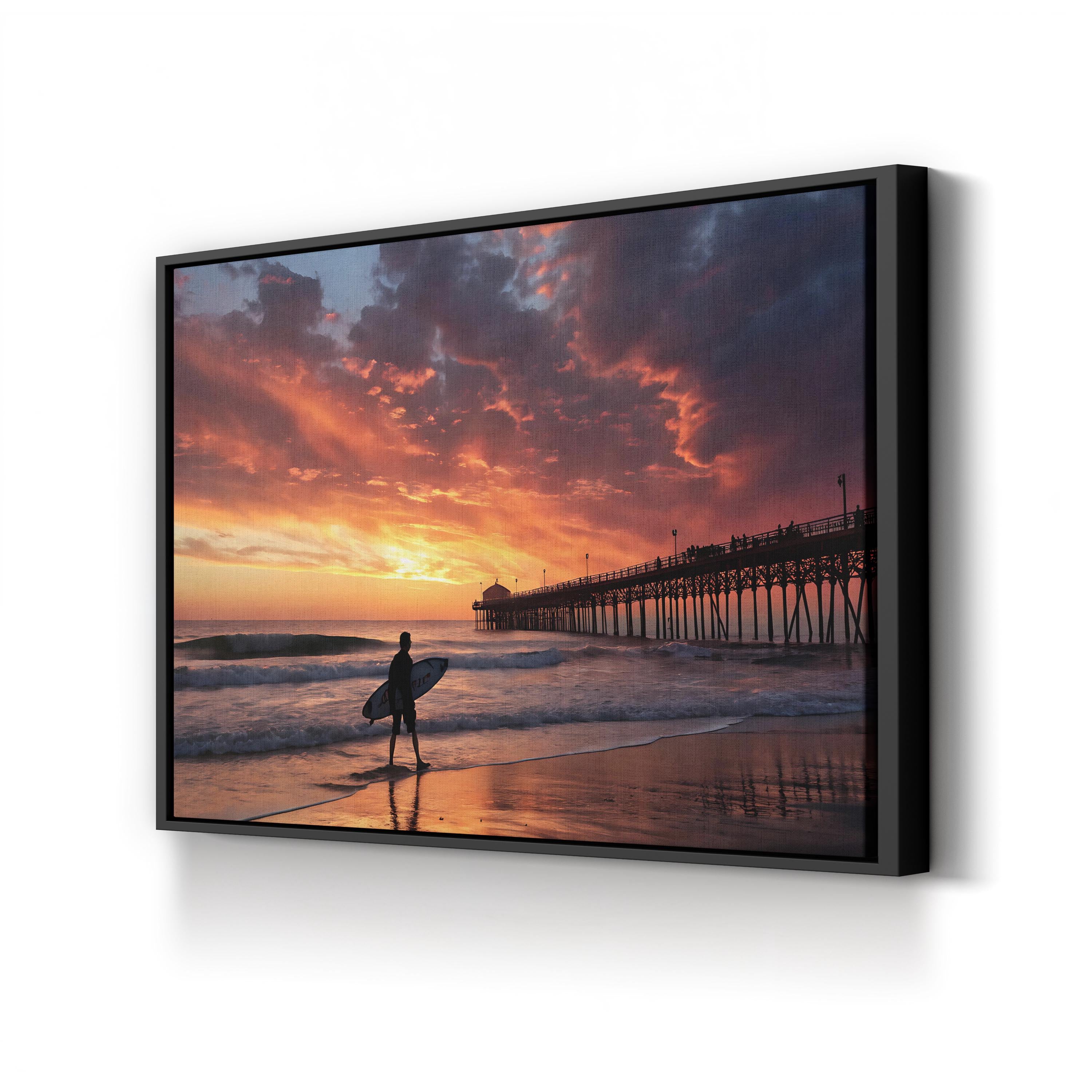 Surfer Sunset Beach Pier – Vintage Photography Wall Art | Coastal Canvas Print