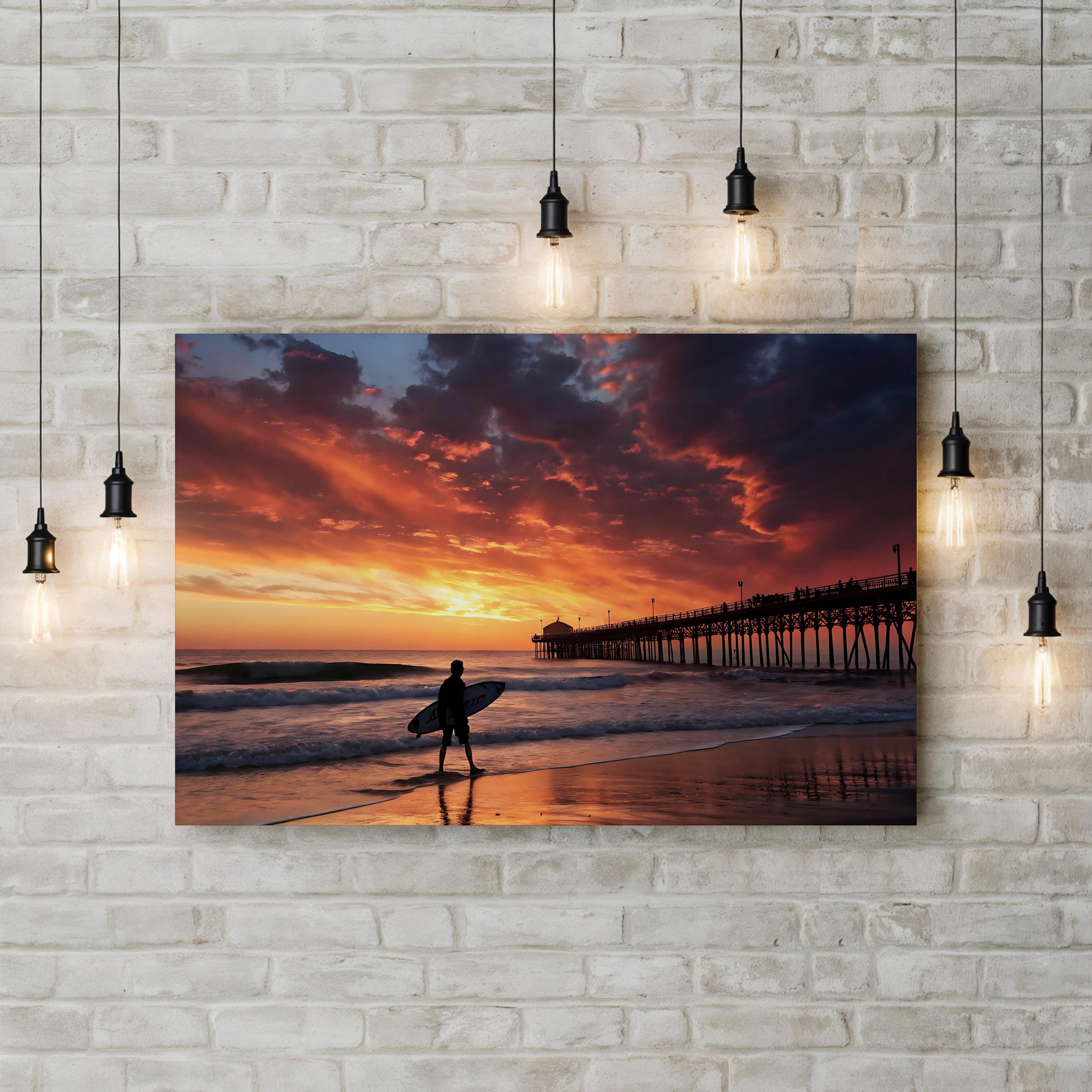 Surfer Sunset Beach Pier – Vintage Photography Wall Art | Coastal Canvas Print