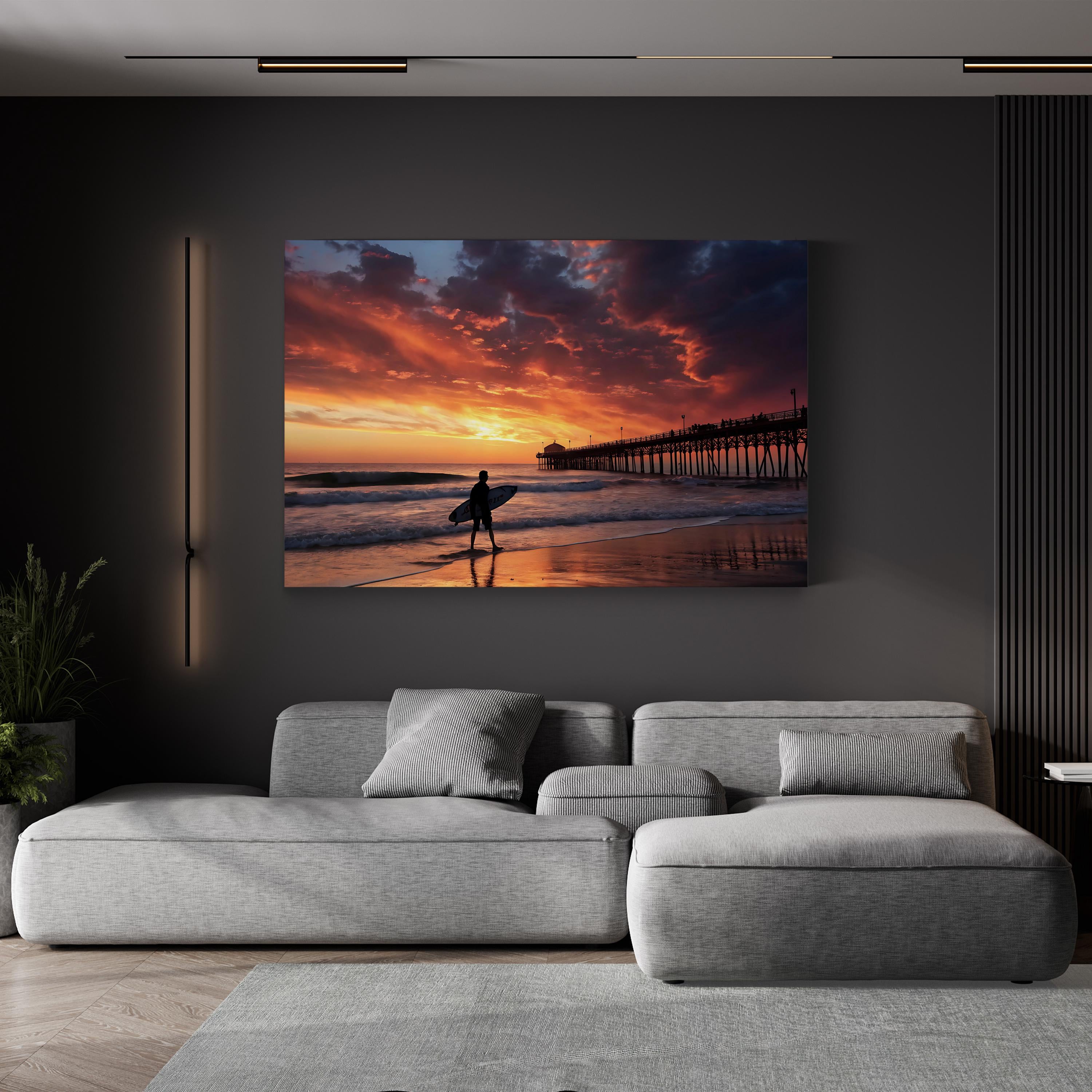 Surfer Sunset Beach Pier – Vintage Photography Wall Art | Coastal Canvas Print