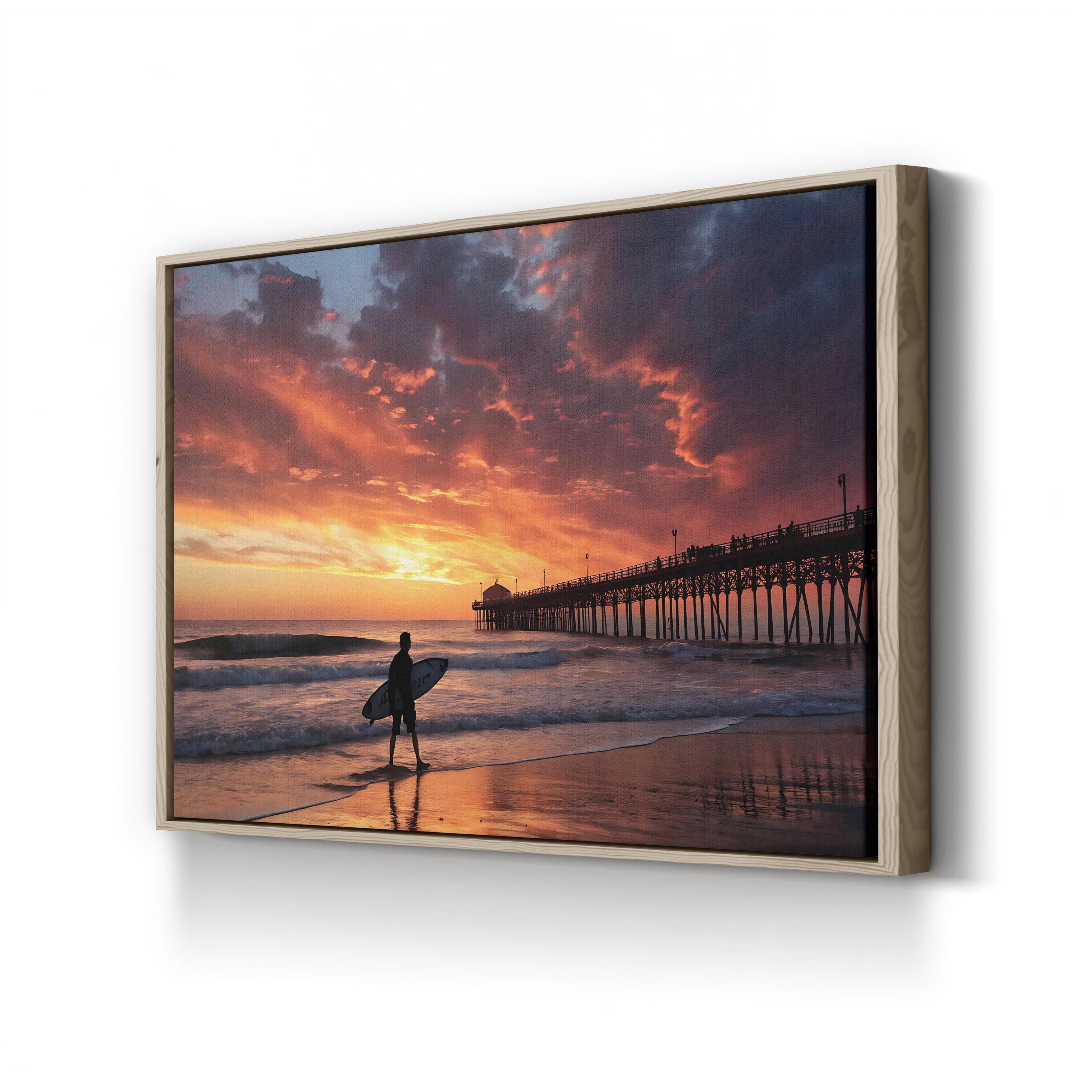 Surfer Sunset Beach Pier – Vintage Photography Wall Art | Coastal Canvas Print