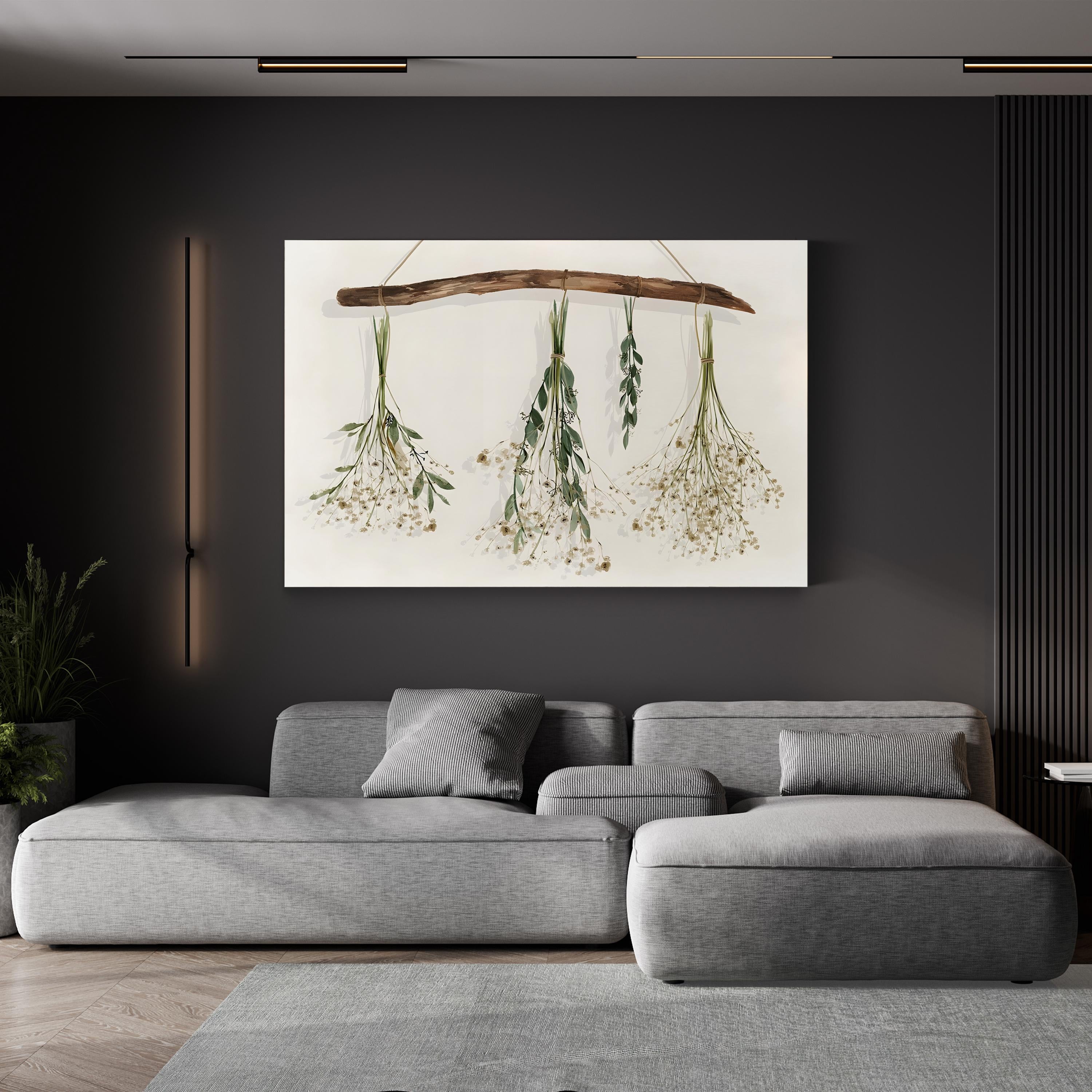 Drying Flowers by Isabelle Z Gallery Canvas print displayed above a gray sofa