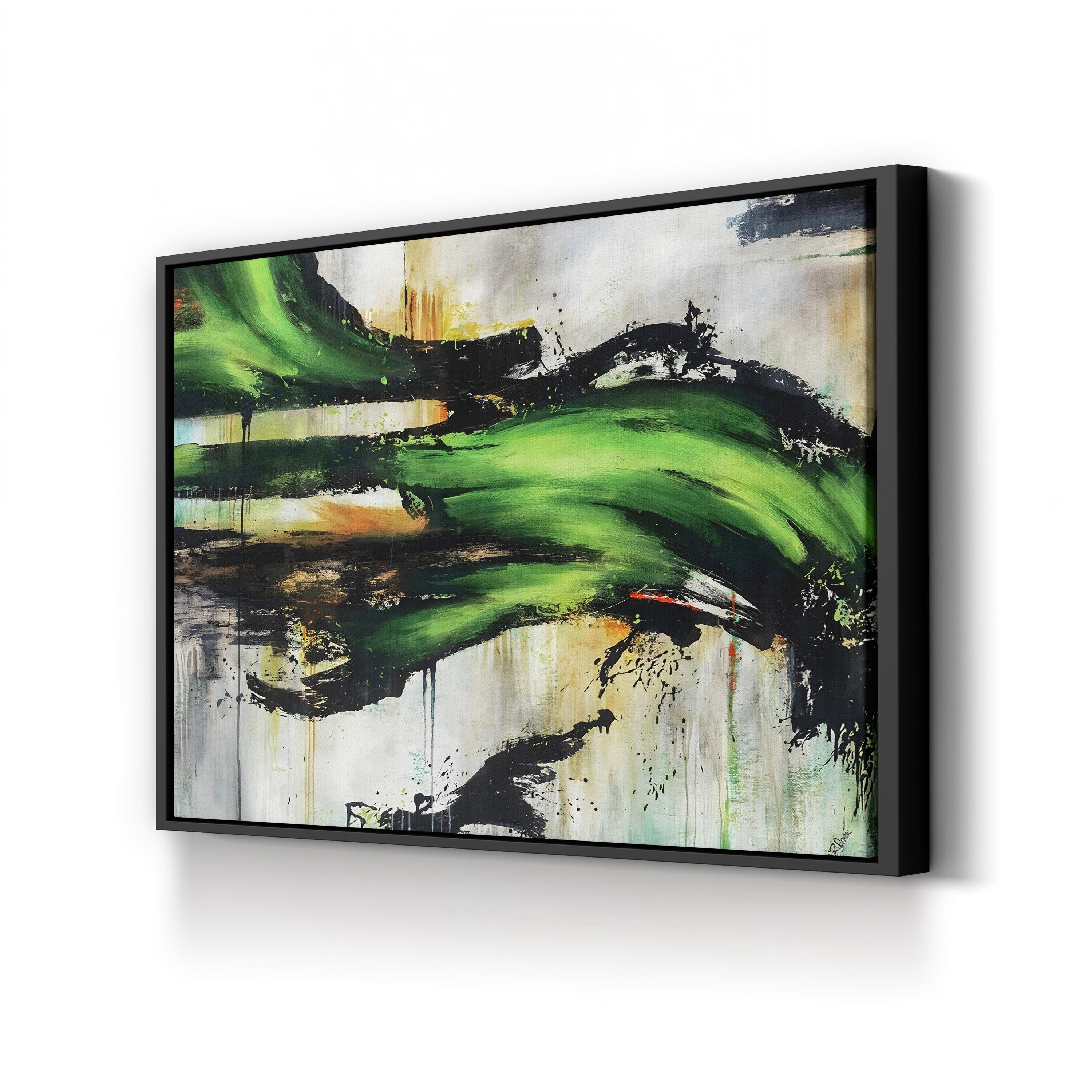 Emerald Splash canvas print in black frame