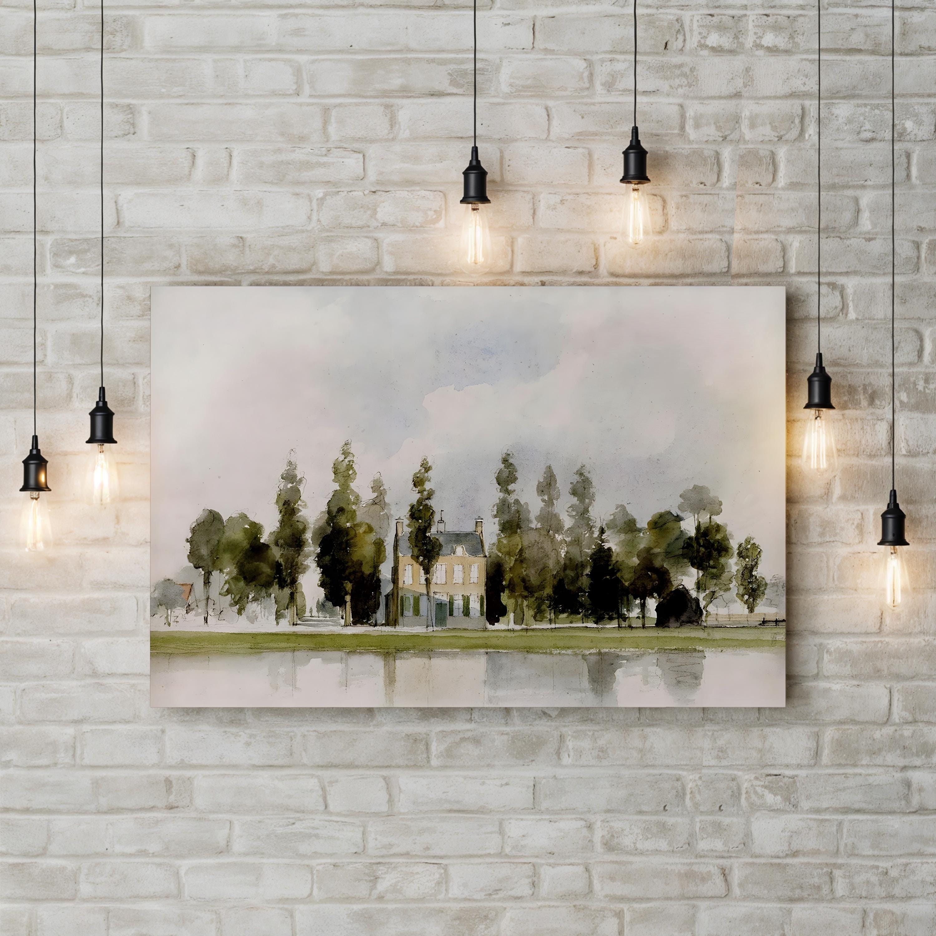 English Cottage I Wall Art by JVT Studio - Watercolor Riverfront Countryside Canvas Print
