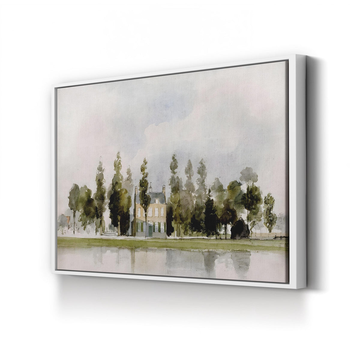 English Cottage I Wall Art by JVT Studio - Watercolor Riverfront Countryside Canvas Print canvas print in White Framed Canvas