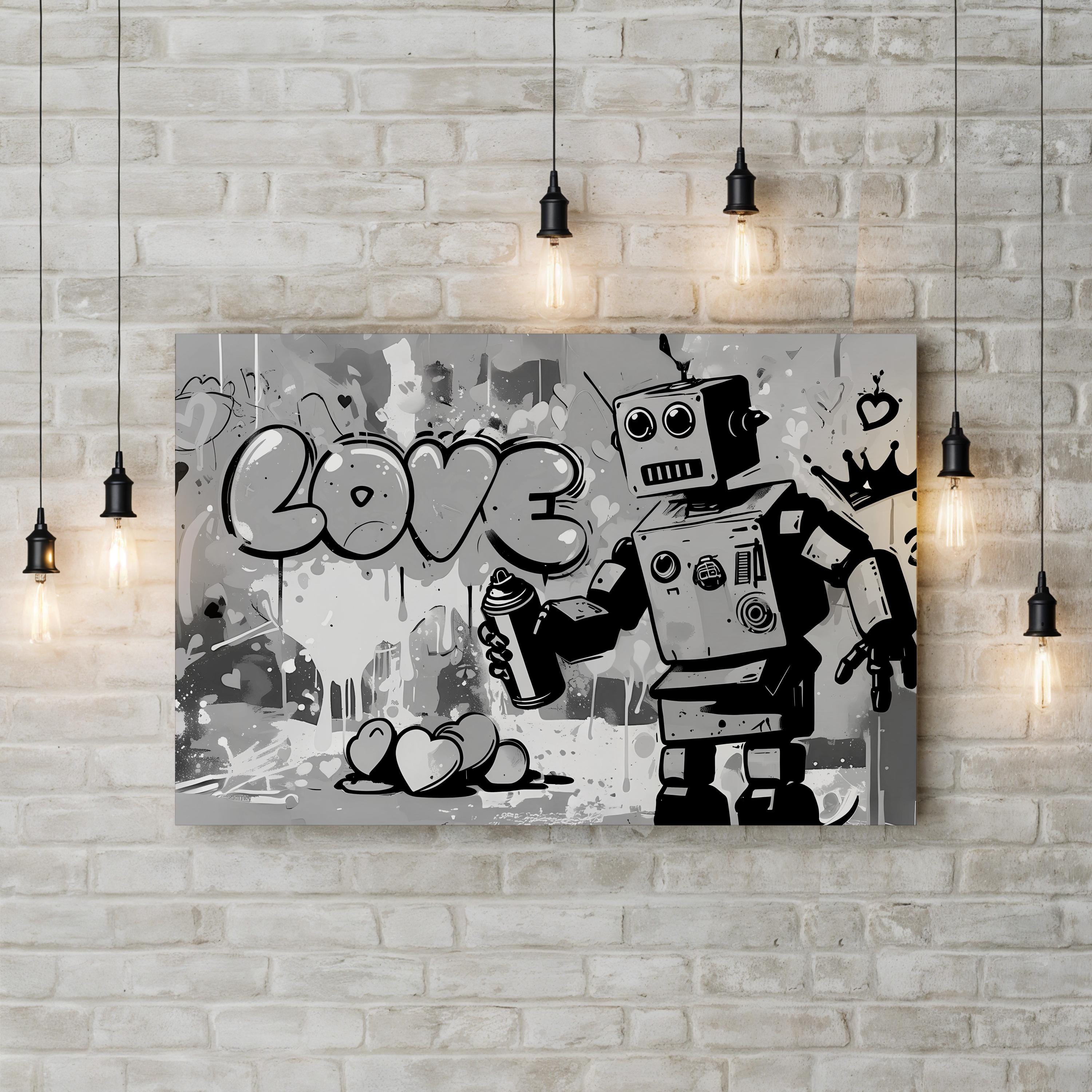 Banksy Warhol Robot Graffiti – Period Illustration Wall Art | Urban Street Canvas Print