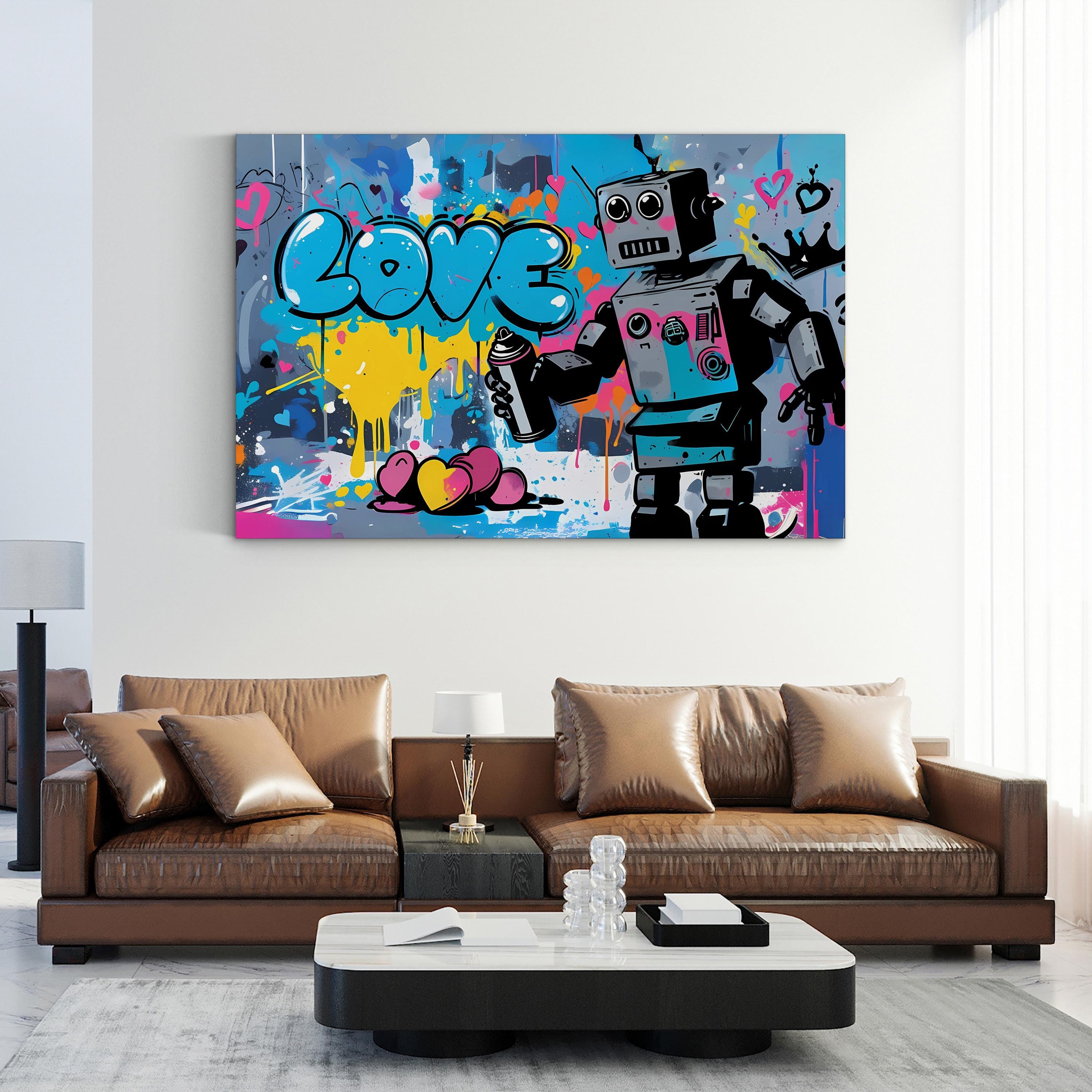Banksy Warhol Robot Pop Style – Period Illustration Wall Art | Colorful Street Canvas Print