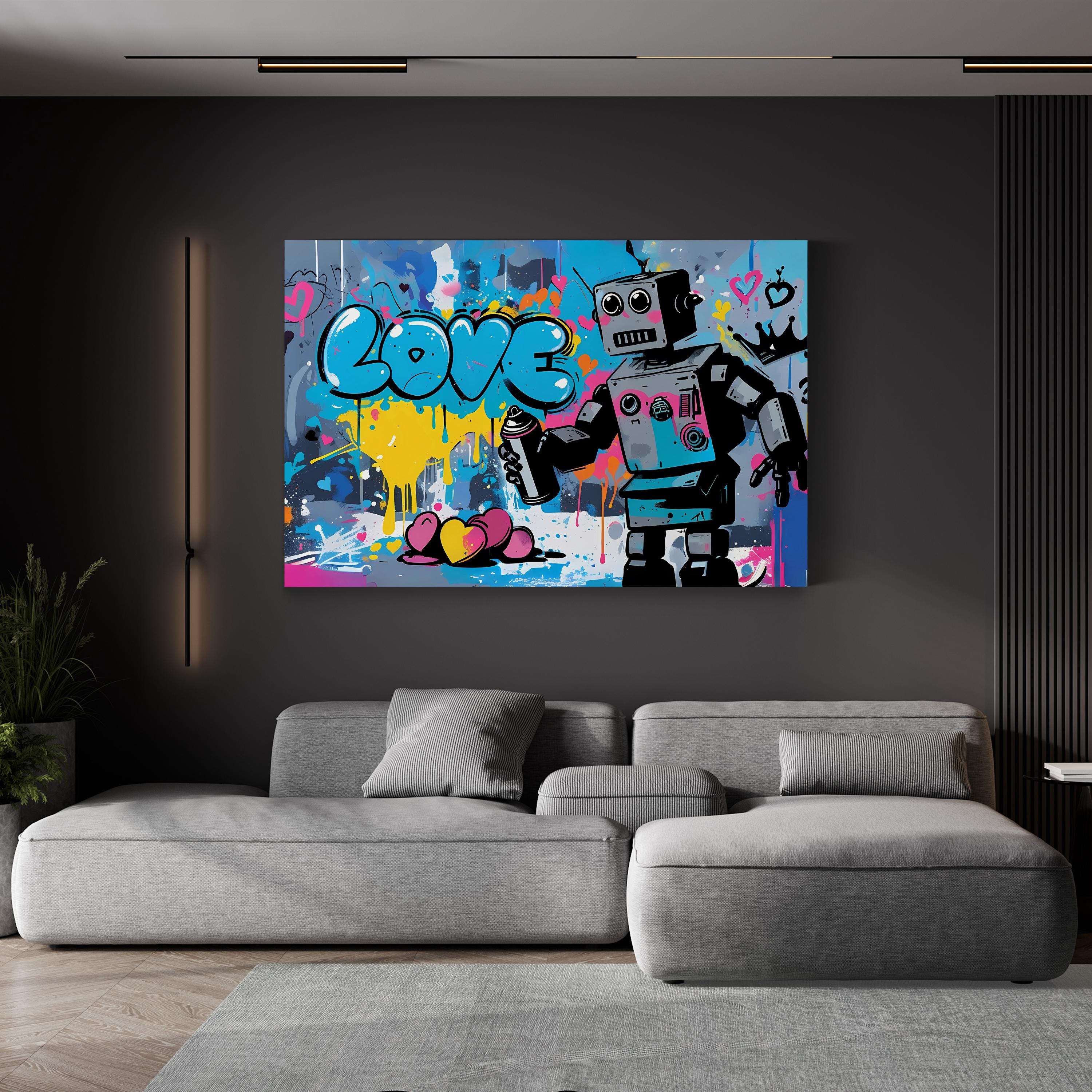 Banksy Warhol Robot Pop Style – Period Illustration Wall Art | Colorful Street Canvas Print