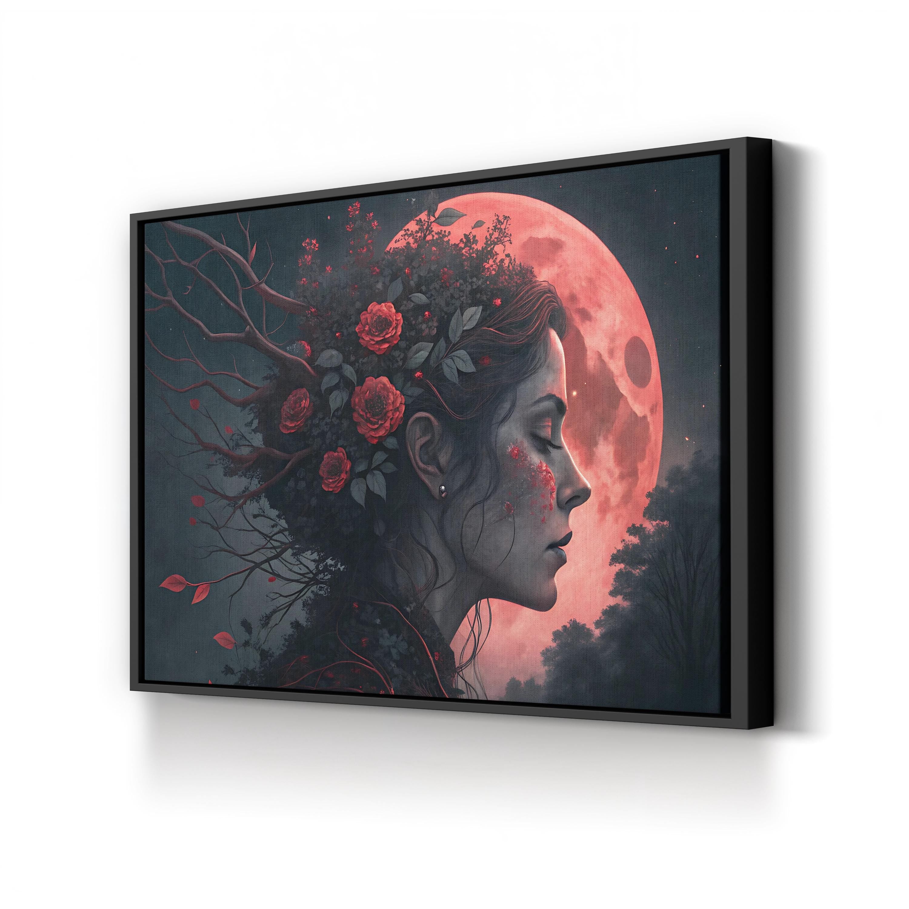 Surreal Woman Red Moon – Period Illustration Wall Art | Fantasy Portrait Canvas Print