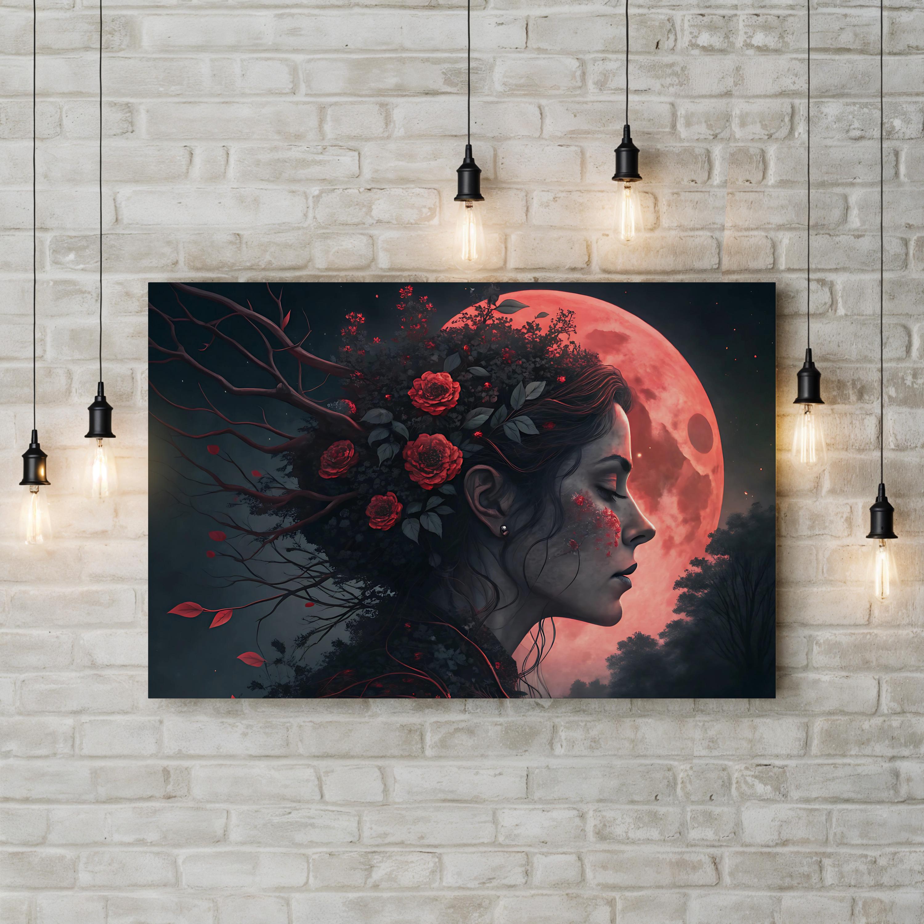 Surreal Woman Red Moon – Period Illustration Wall Art | Fantasy Portrait Canvas Print