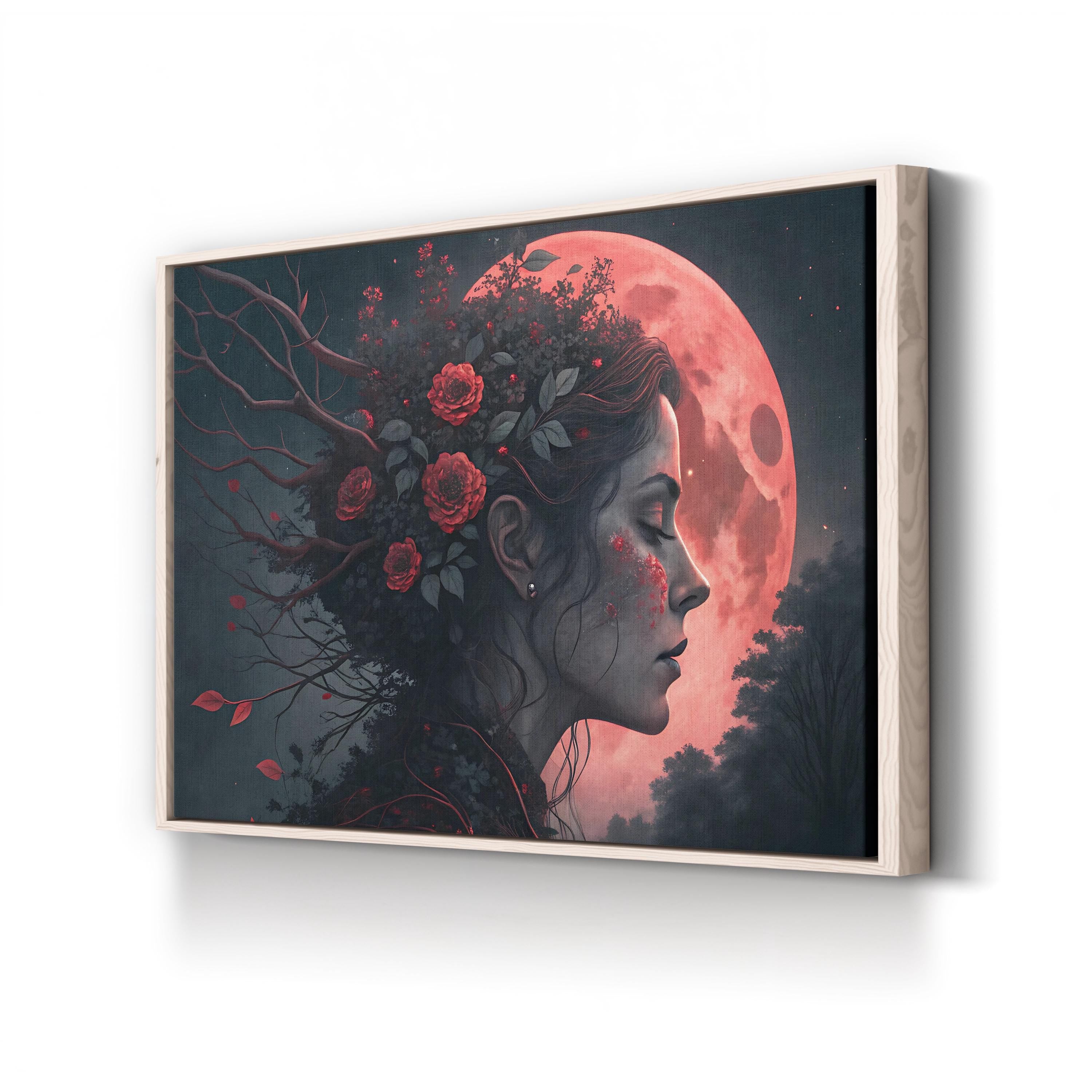Surreal Woman Red Moon – Period Illustration Wall Art | Fantasy Portrait Canvas Print