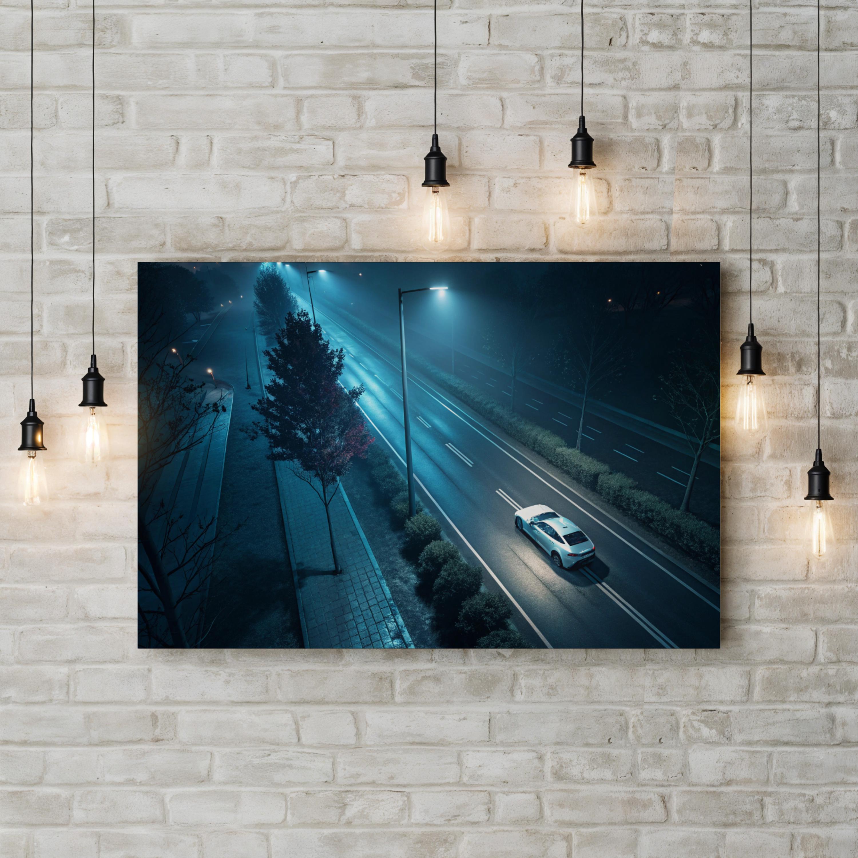 Midnight Rush Lone Car – Vintage Photography Wall Art | Cityscape Canvas Print