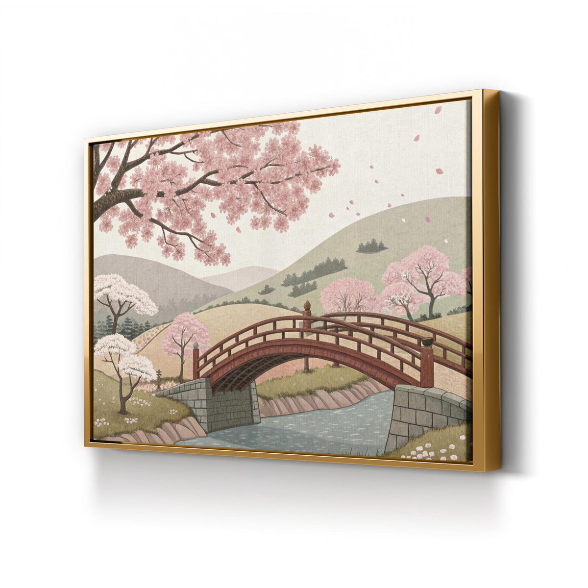 Cherry Blossom Bridge Landscape canvas print in Gold frame