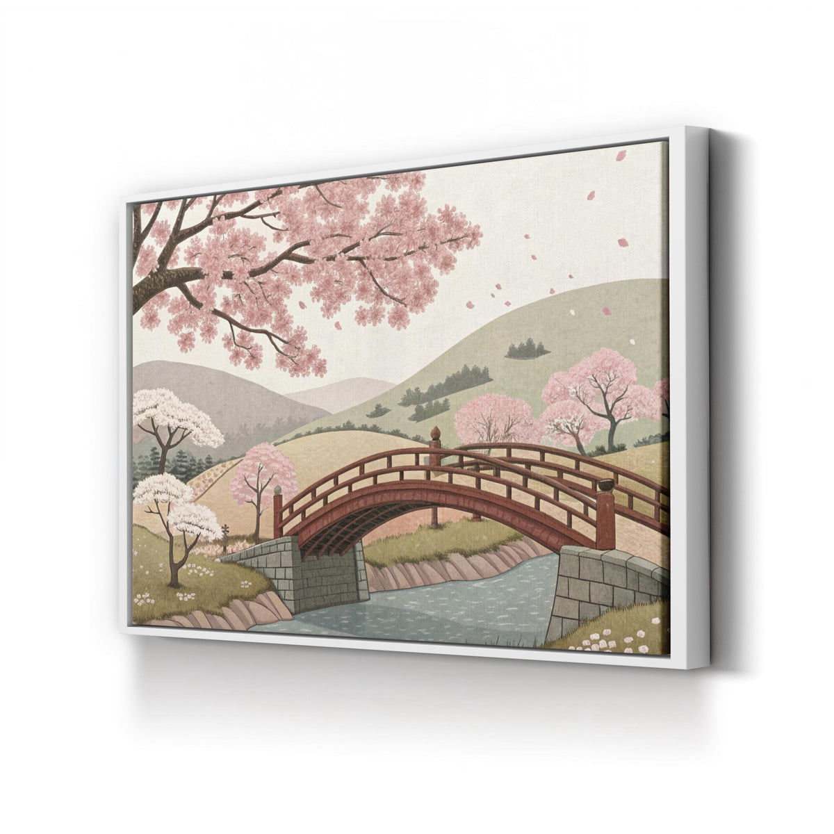 Cherry Blossom Bridge Landscape canvas print in White frame