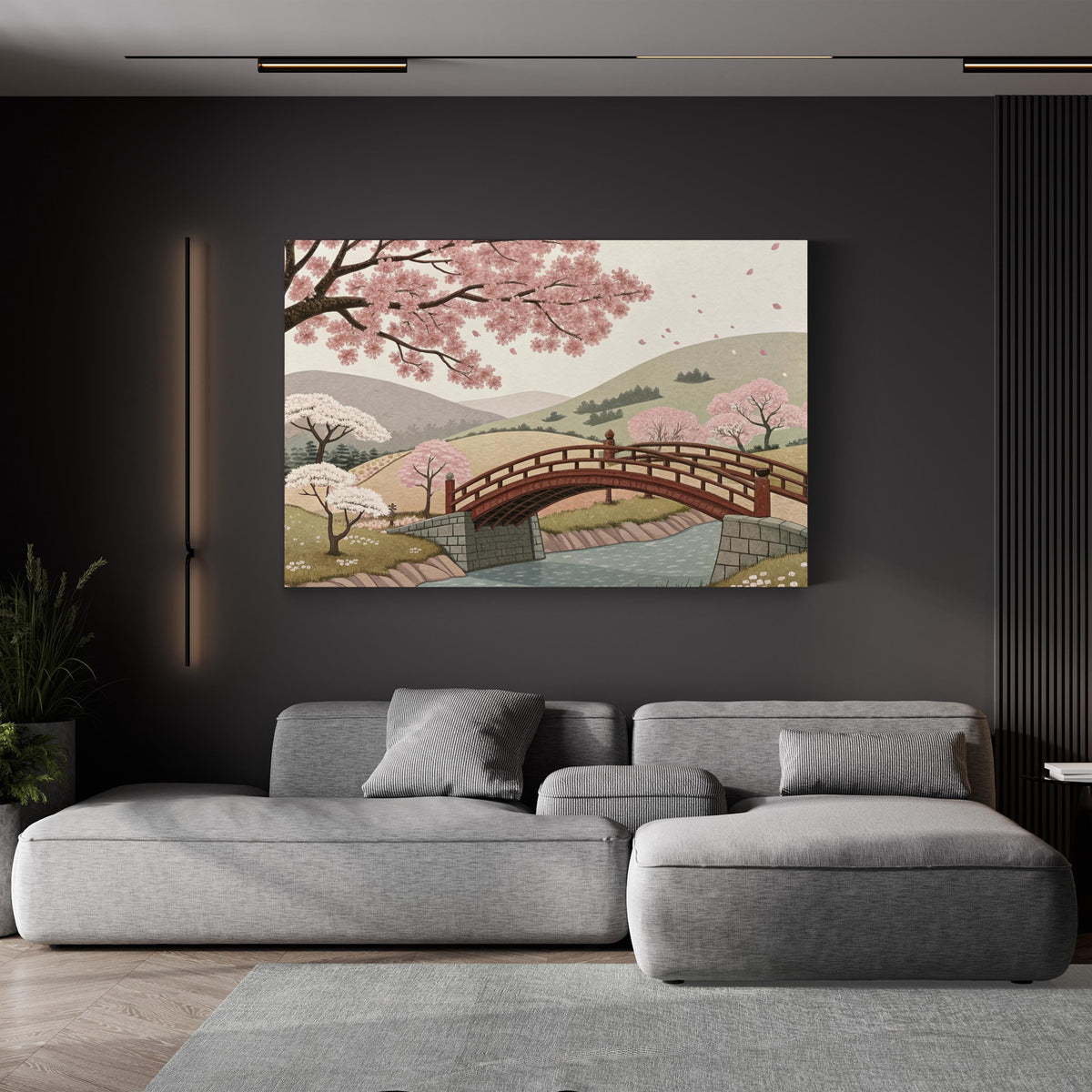 Cherry Blossom Bridge Landscape canvas print displayed in a modern living room