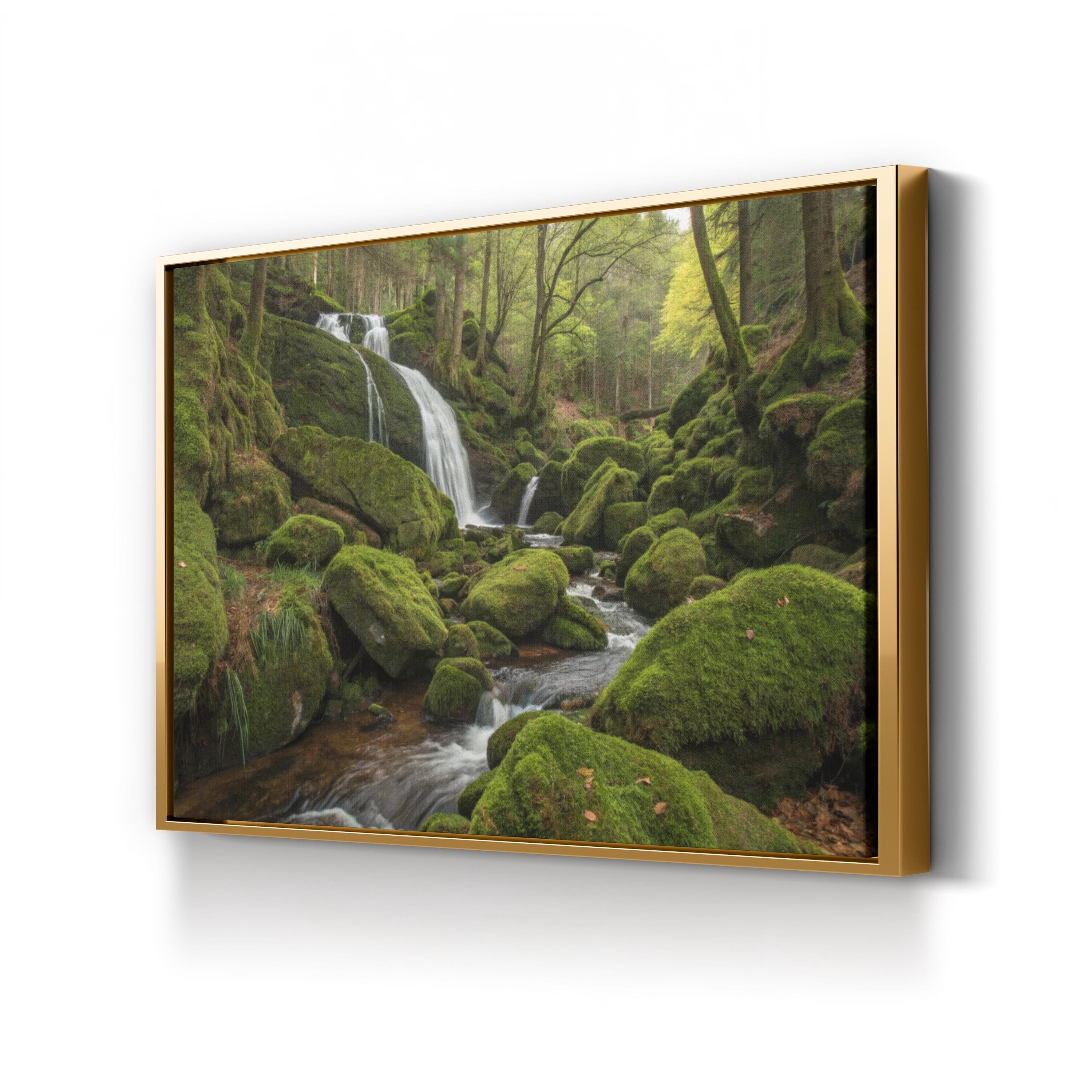 Mossy Waterfall Forest – Vintage Photography Wall Art | Lush Green Landscape Canvas Print