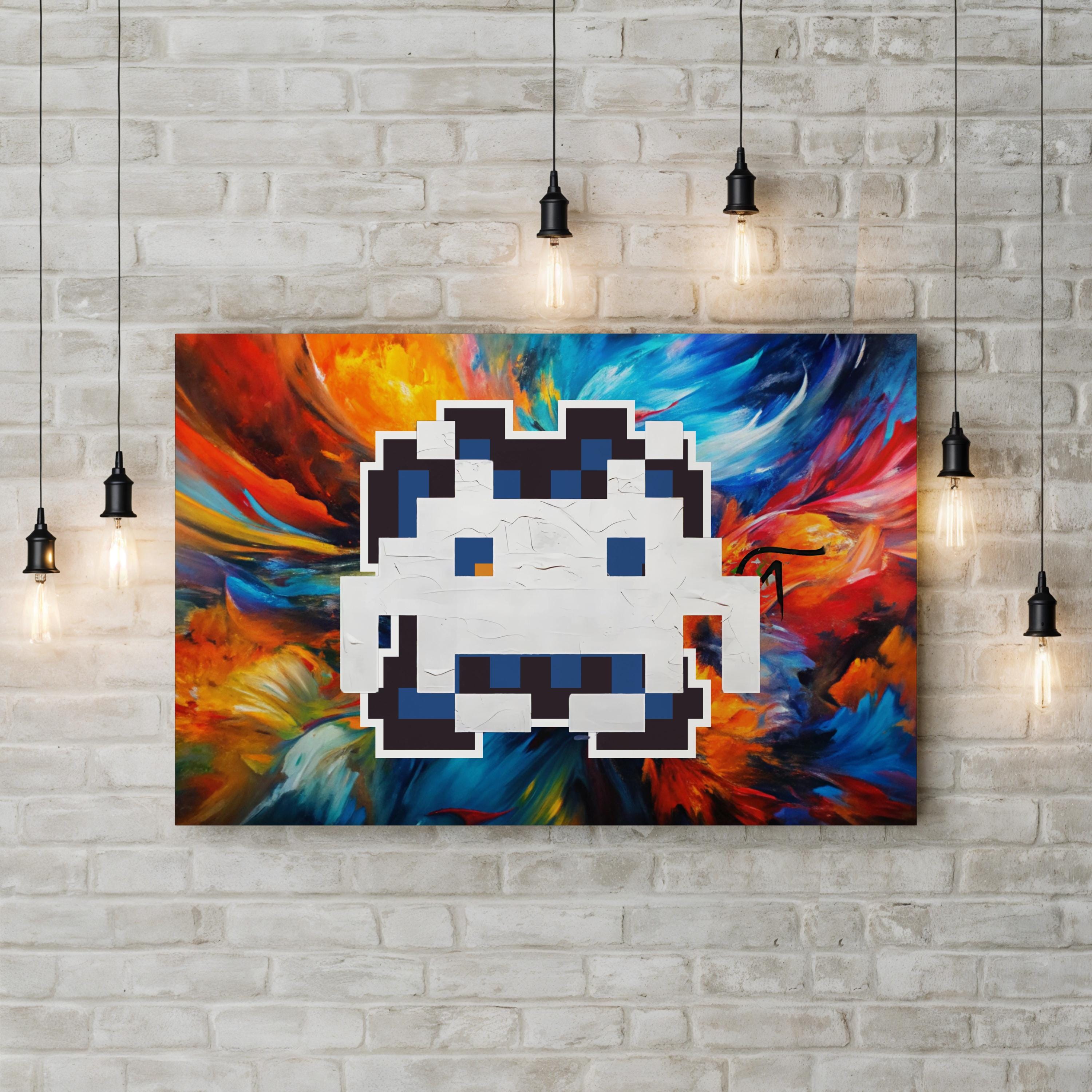 Painted Space Invader Black Canvas Art | Retro Pixel Street Art Print