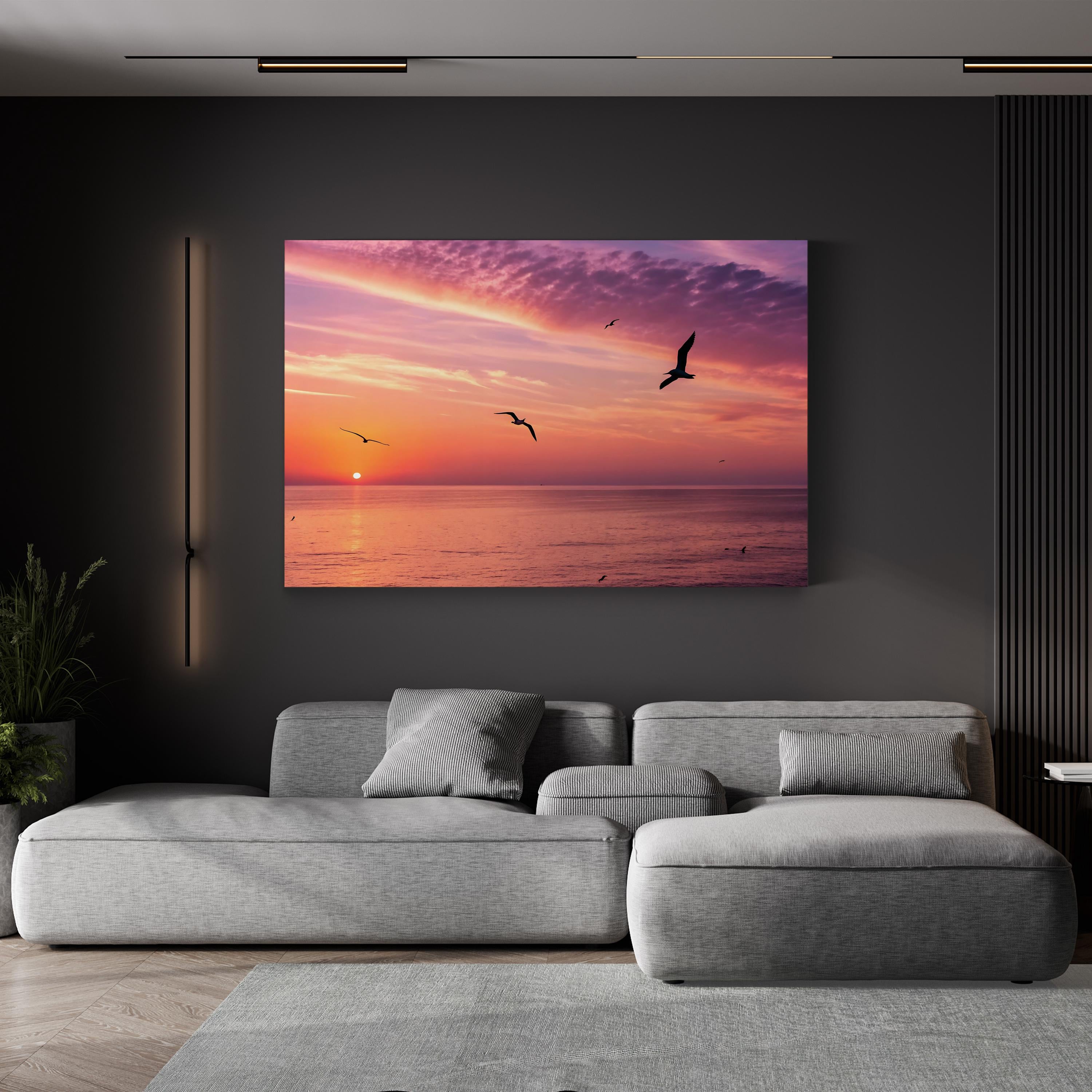 Pelicans in a Line Coastal Canvas Wall Art | Ocean Sunset Photography Print