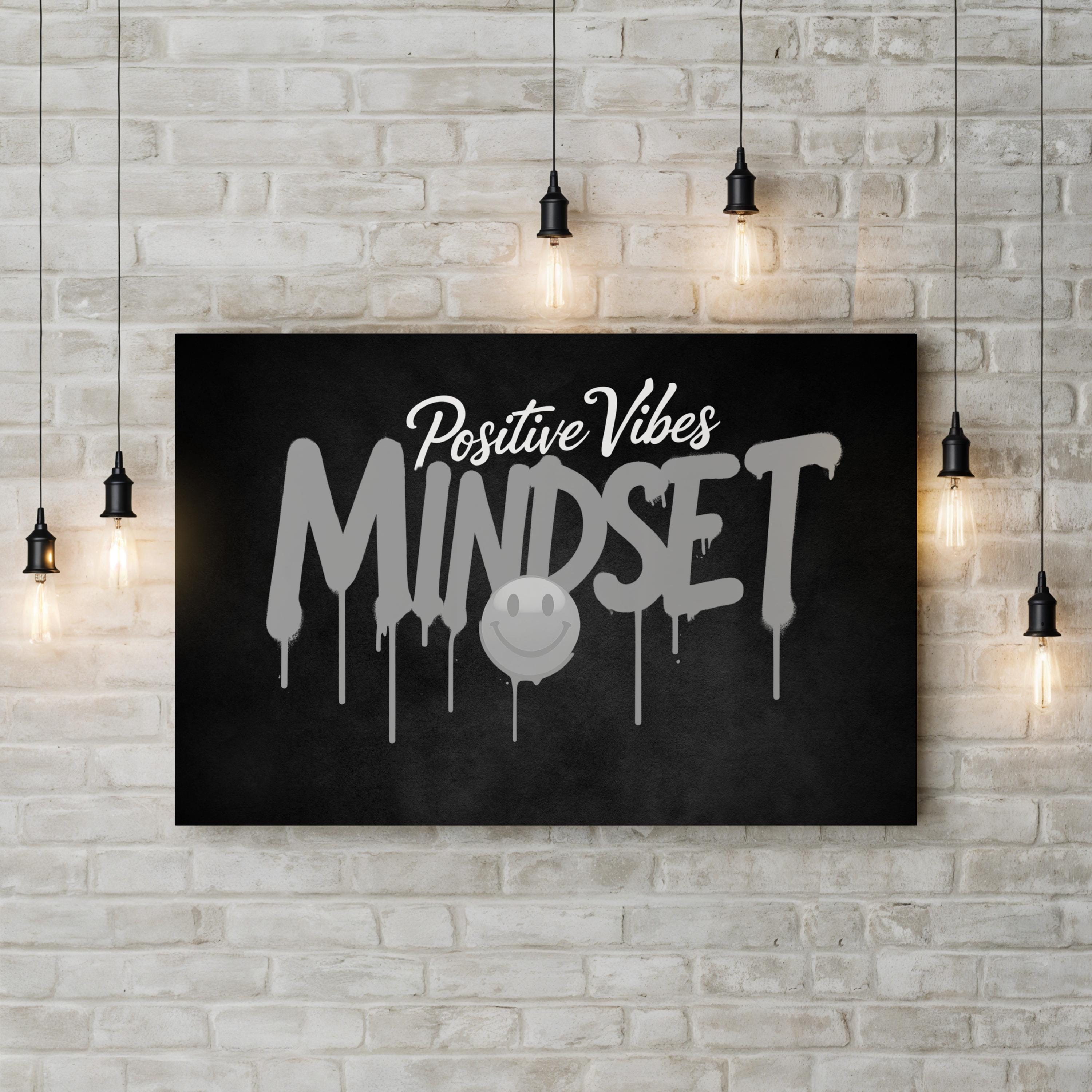 Positive Vibes Mindset IV Typography Canvas Art Print – Black and White Drip Design