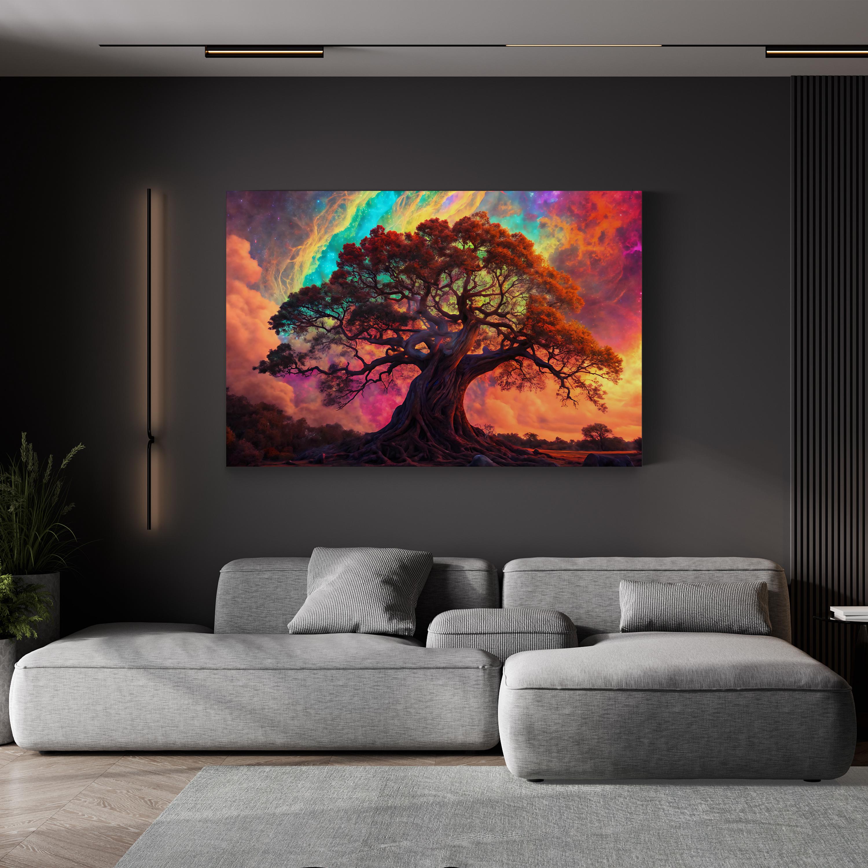 Psychedelic Tree – Period Illustration Wall Art | Colorful Fantasy Landscape Canvas Print