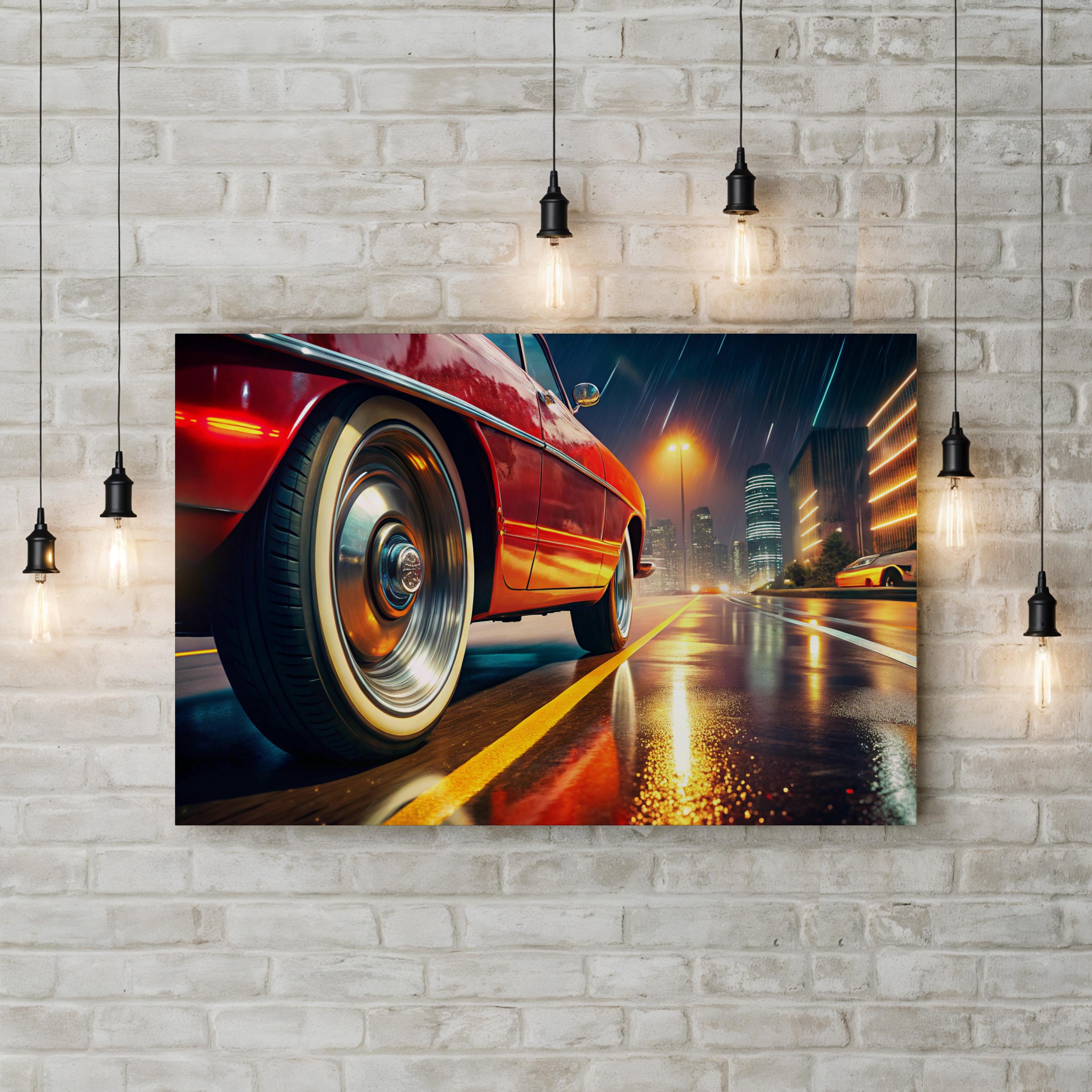 Vintage Car Rain-Soaked Street – Vintage Photography Wall Art | Automotive Canvas Print