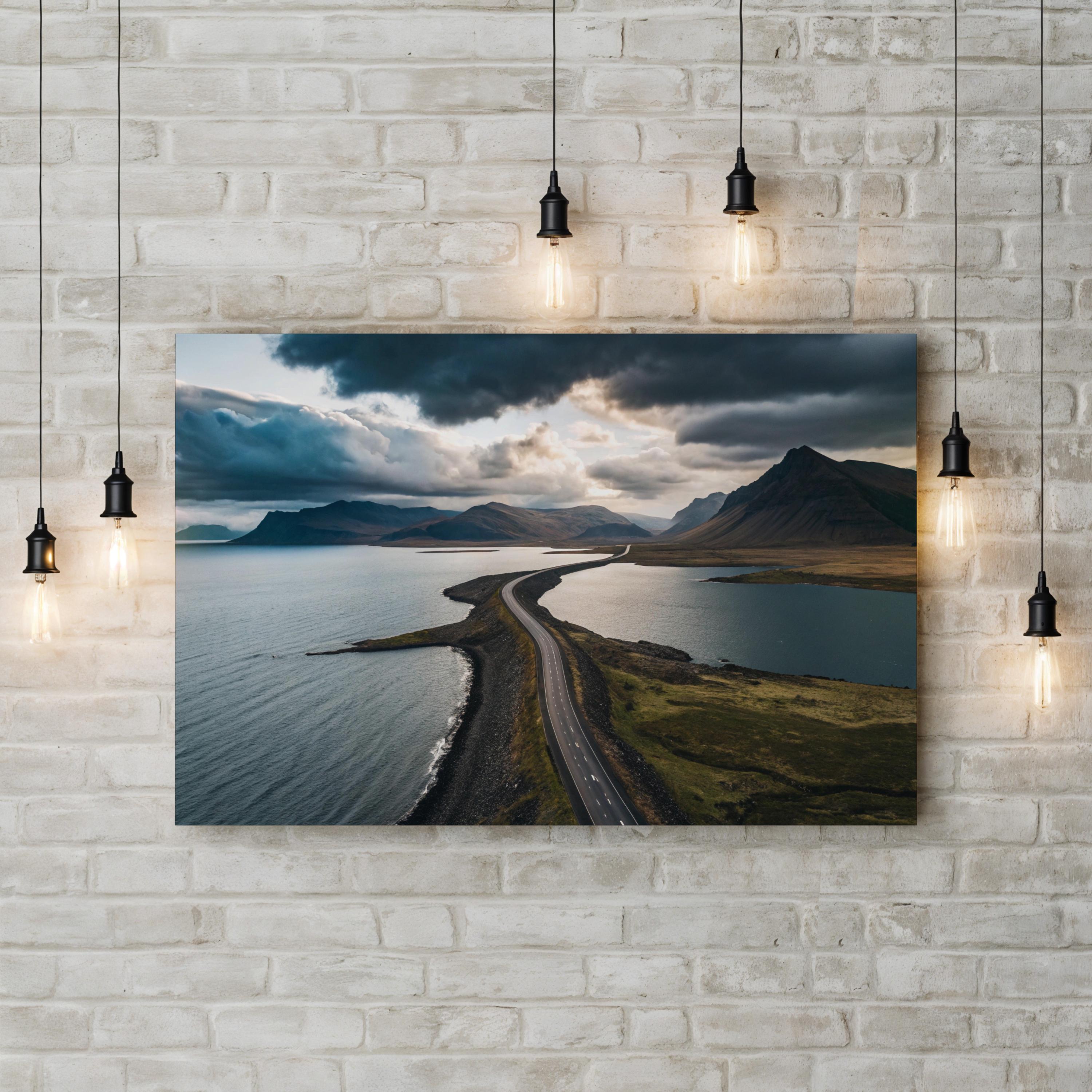 Mountain Lake Scenic Road Canvas Wall Art — Modern Landscape Print, Nature Photography