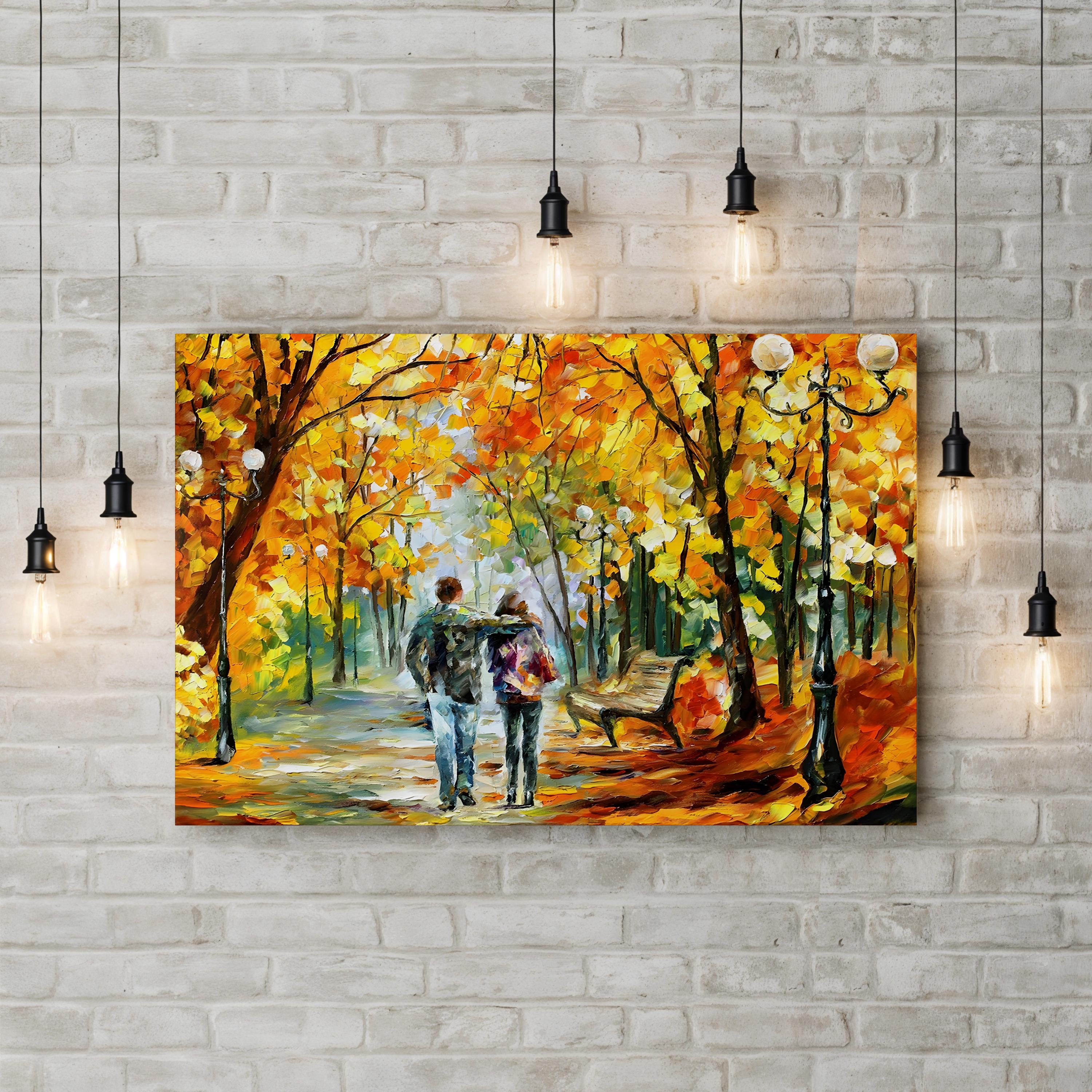 Autumn Walk Park Sunset – Period Illustration Wall Art | Warm Fall Landscape Canvas Print