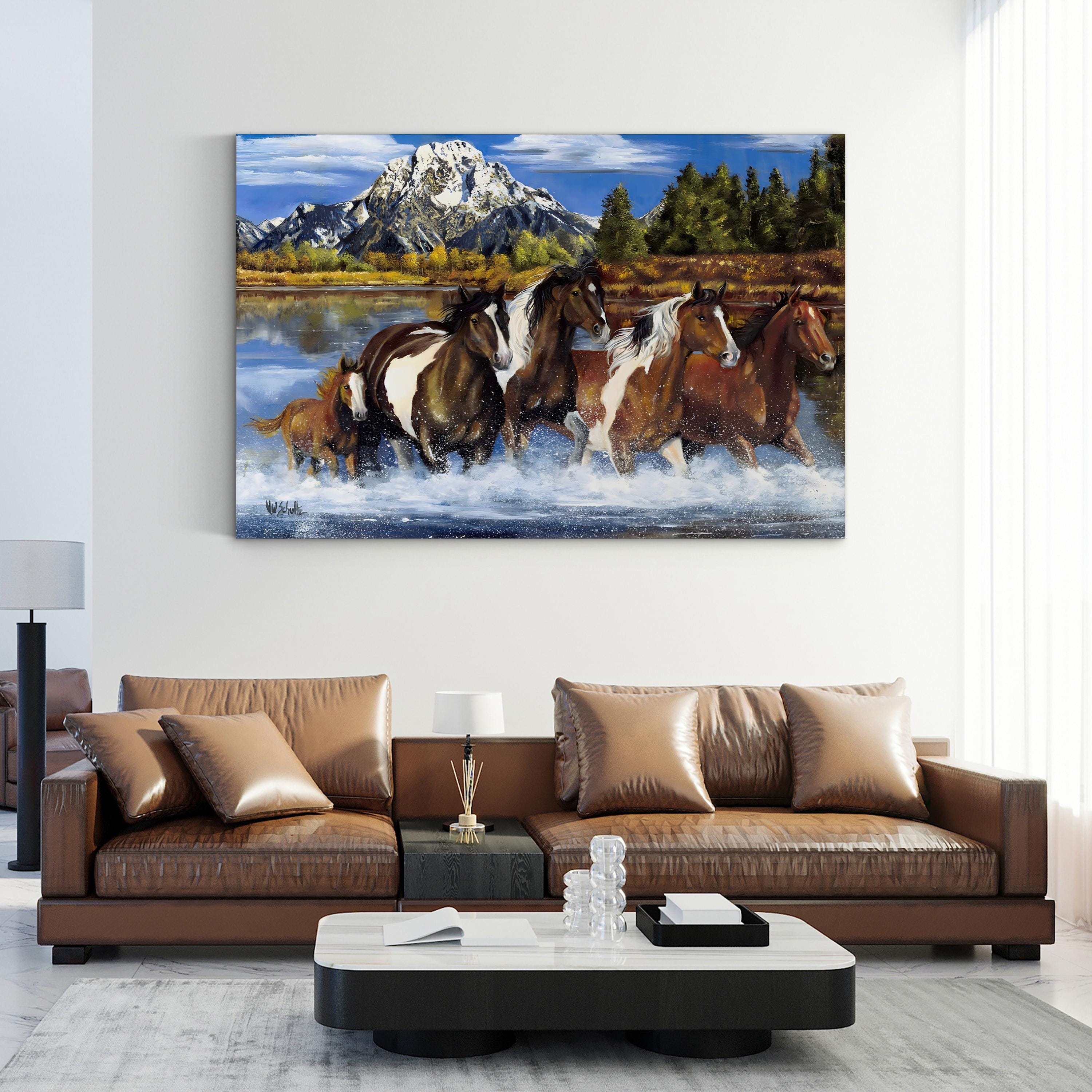 Western Horses Crossing the River – Period Illustration Wall Art | Rustic Cowboy Canvas Print