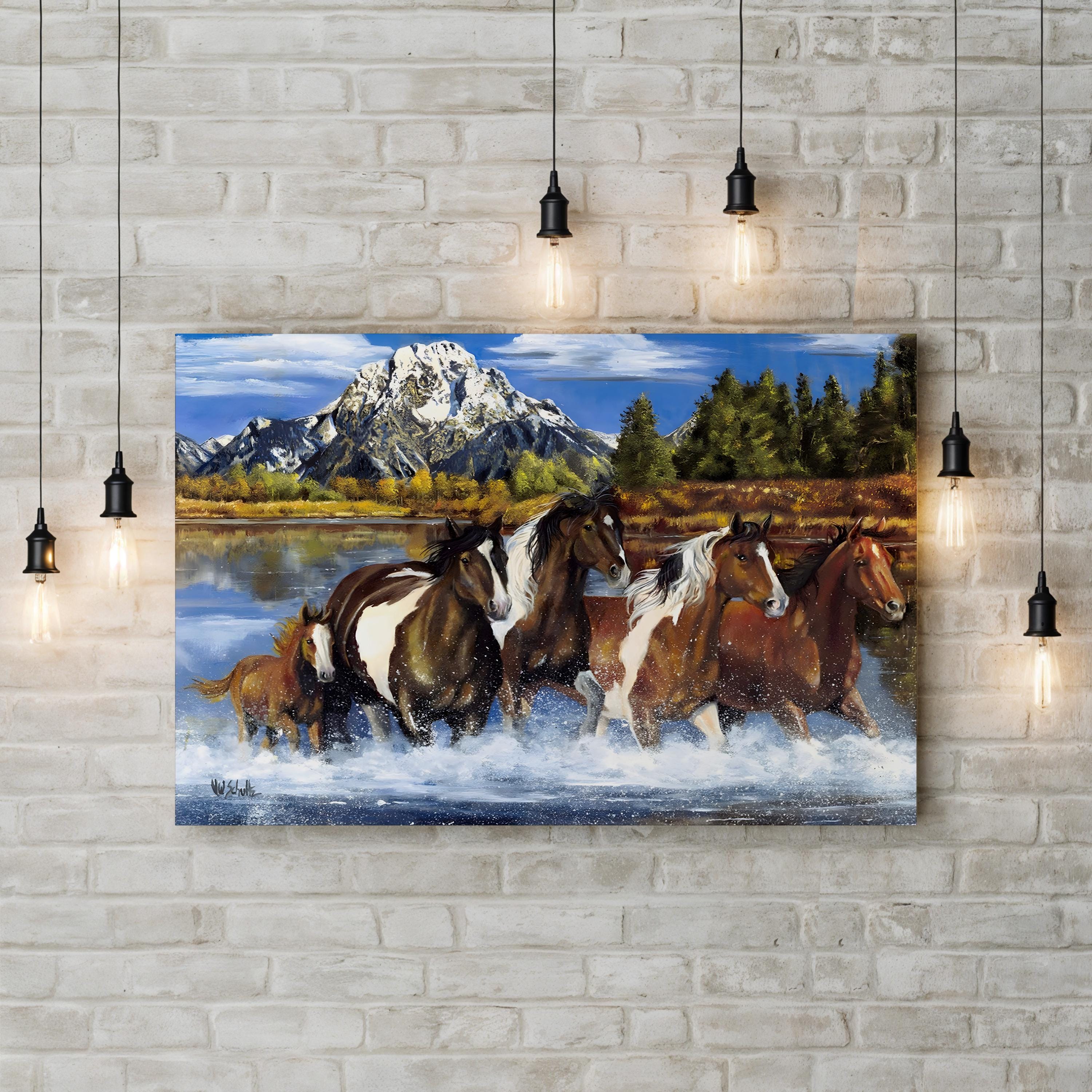 Western Horses Crossing the River – Period Illustration Wall Art | Rustic Cowboy Canvas Print
