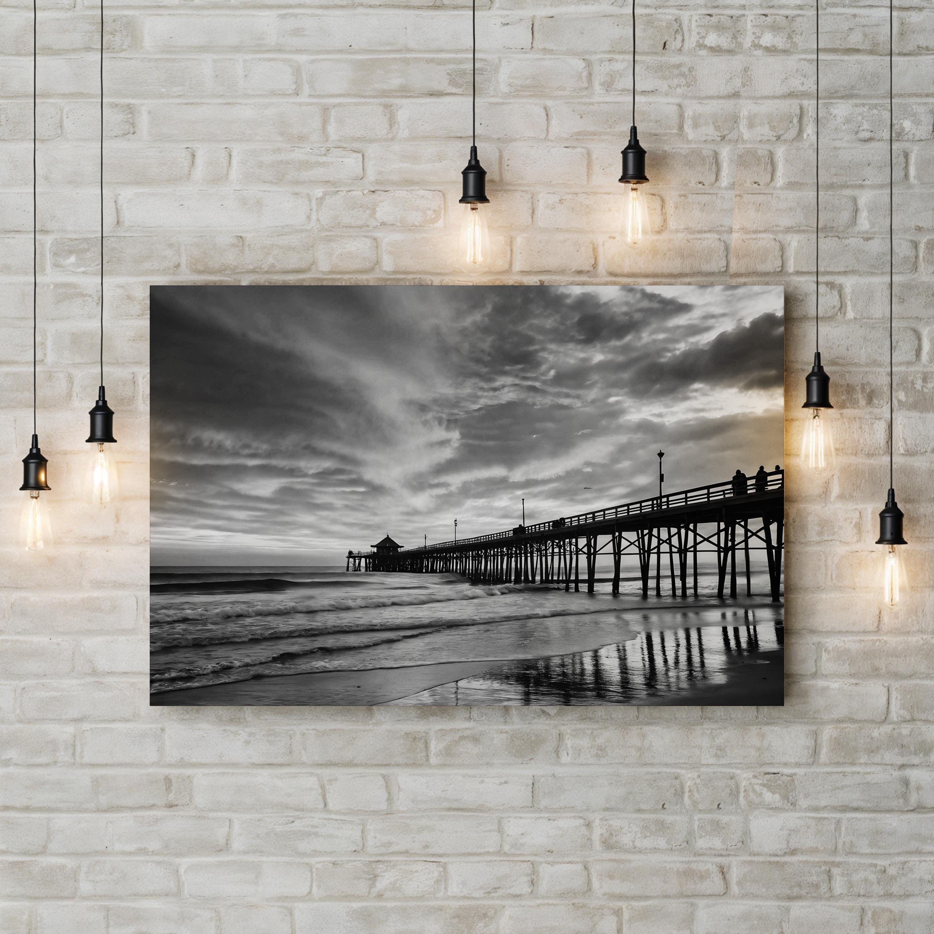 Black & White Pier Sunset – Vintage Photography Wall Art | Coastal Seascape Canvas Print