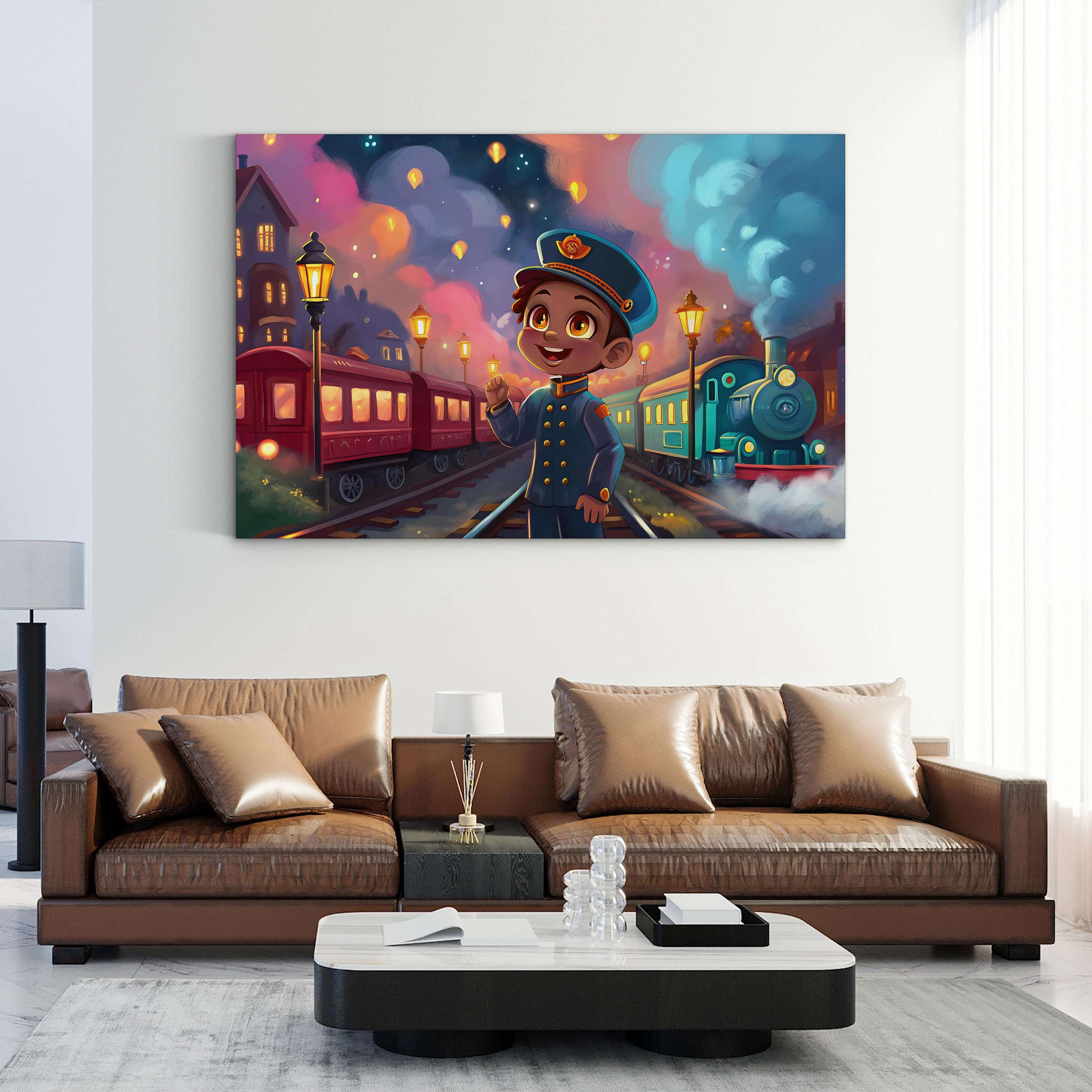 Retro Futuristic Train – Period Illustration Wall Art | Starry Night Railway Canvas Print